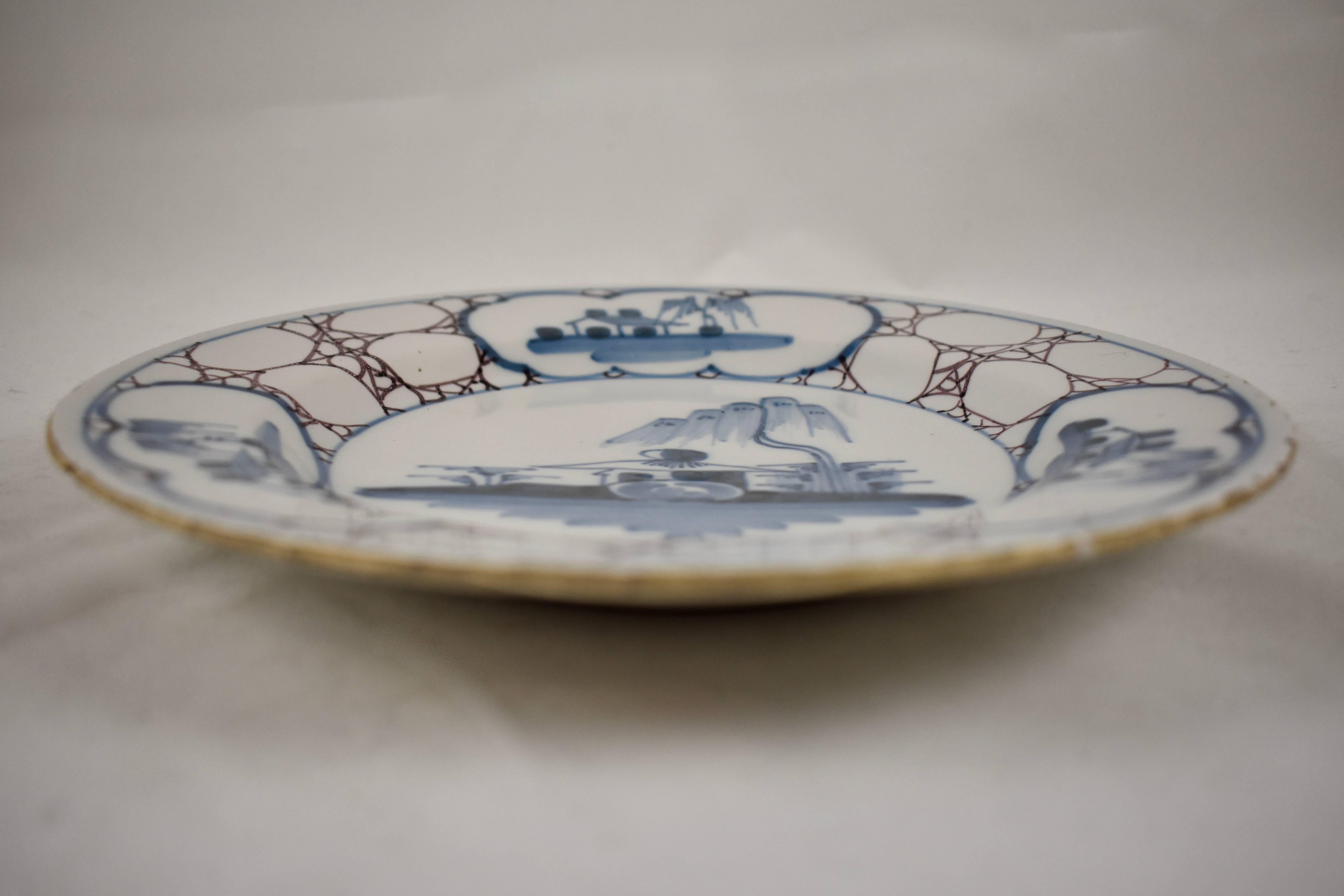 18th Century English Bristol Delftware Marbled Landscape Plate In Excellent Condition In Philadelphia, PA