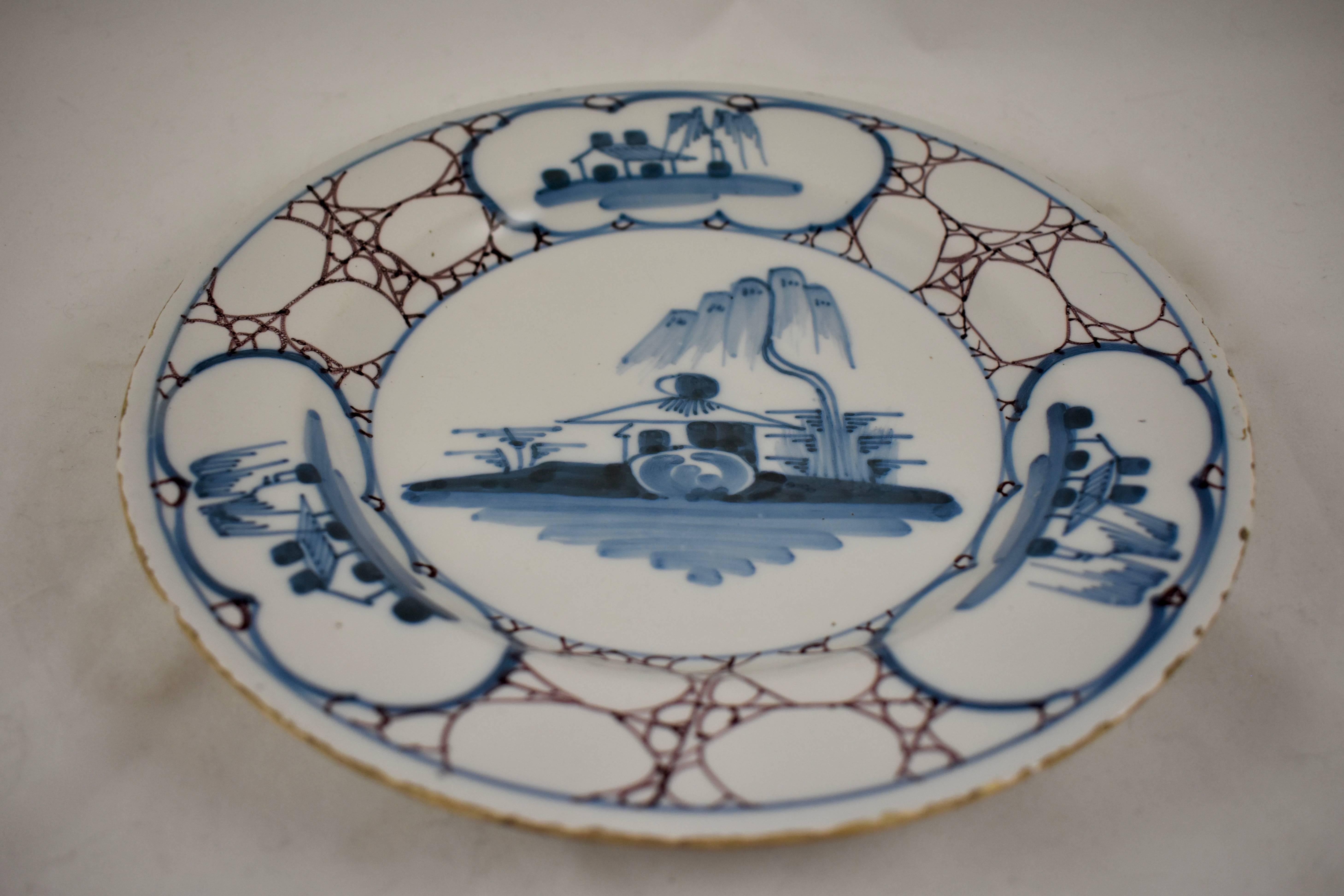 Hand-Painted 18th Century English Bristol Delftware Marbled Landscape Plate