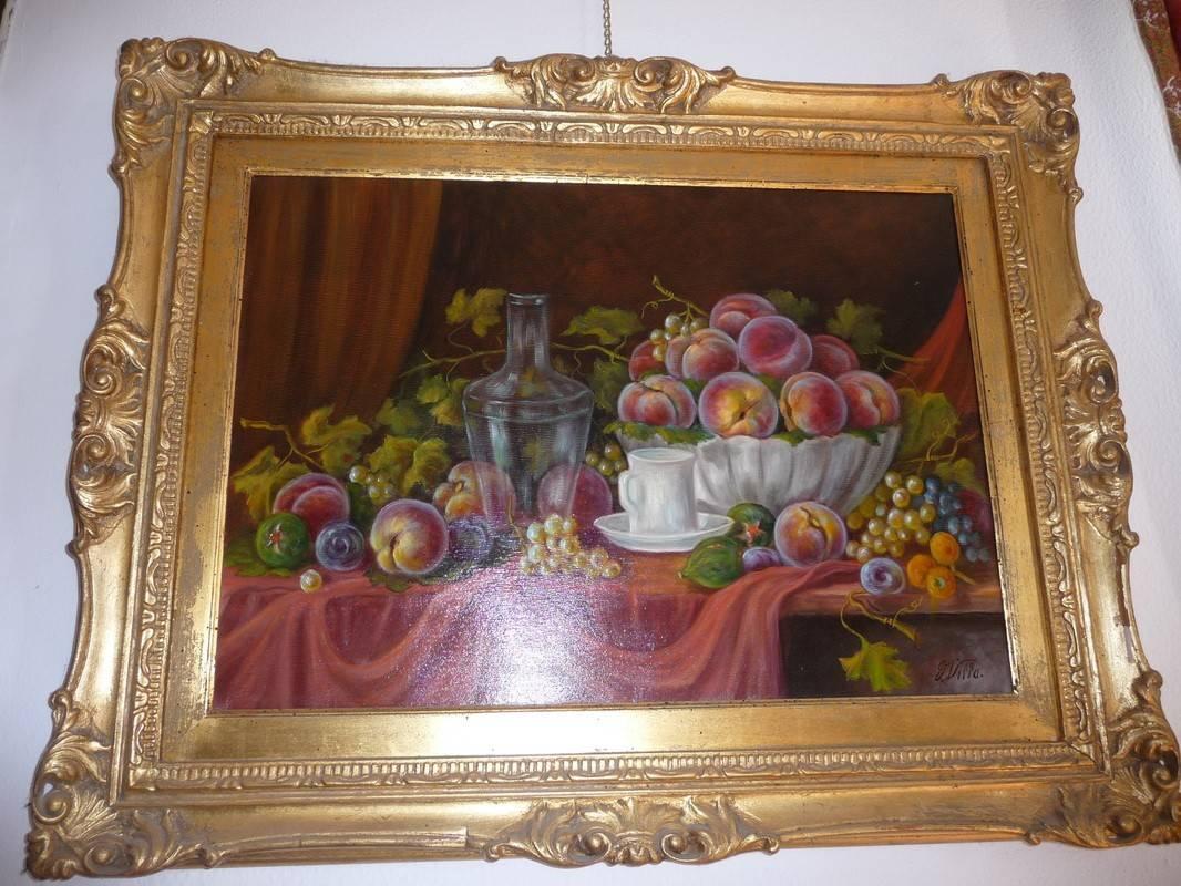 Fruit still life with bottle oil on canvas, Italian school, signed G. Villa. 
The painting has a nice dimension of 70 x 50 cm. It's in very good original conditions, we can't see any intervention or restoration.
The painting comes in a very