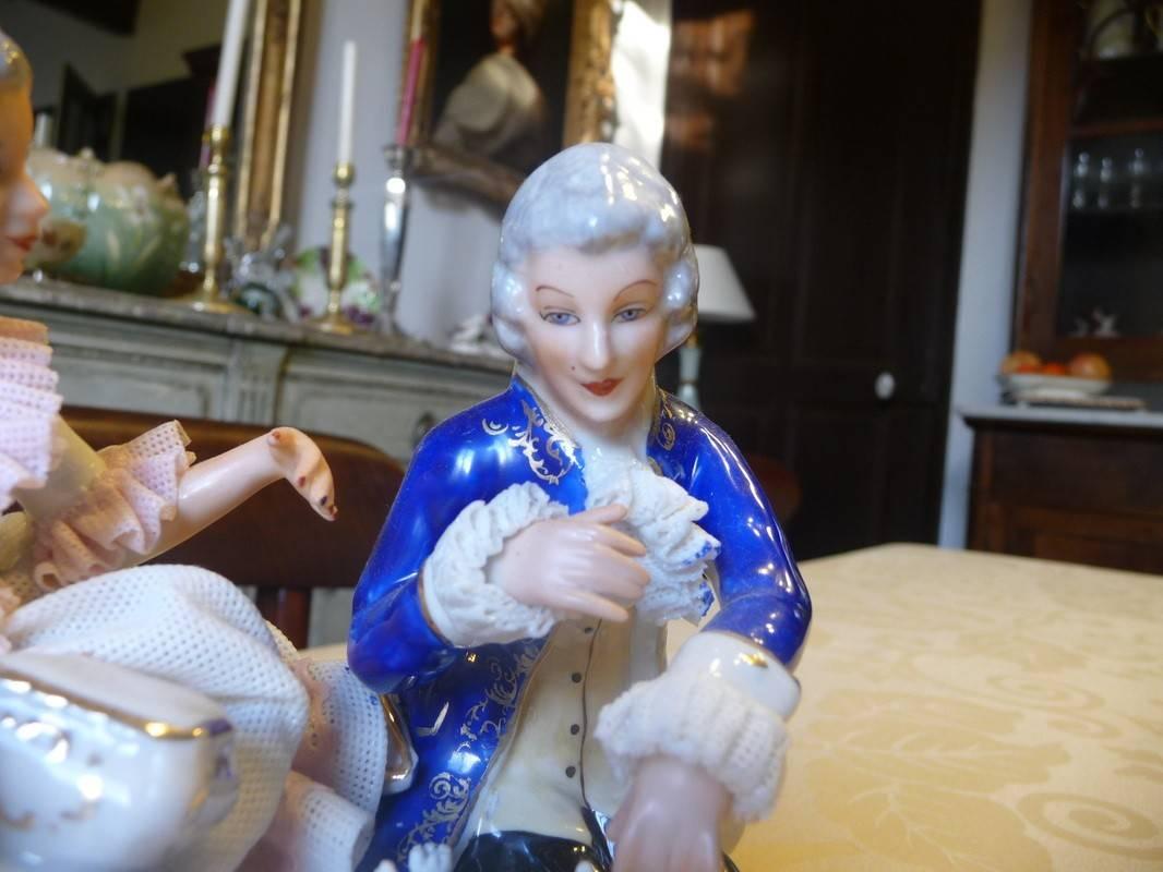 Mid-20th Century German Dresden Lace Porcelain Figurine Group, Couple Playing Chess