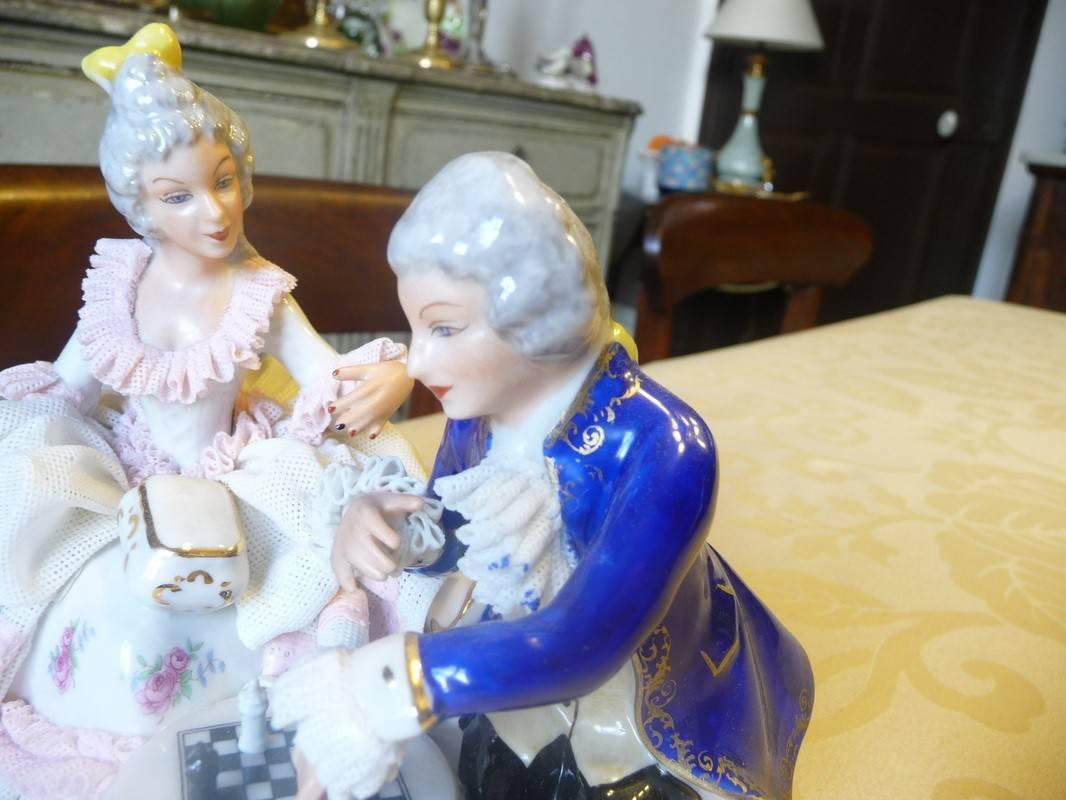 German Dresden Lace Porcelain Figurine Group, Couple Playing Chess 2
