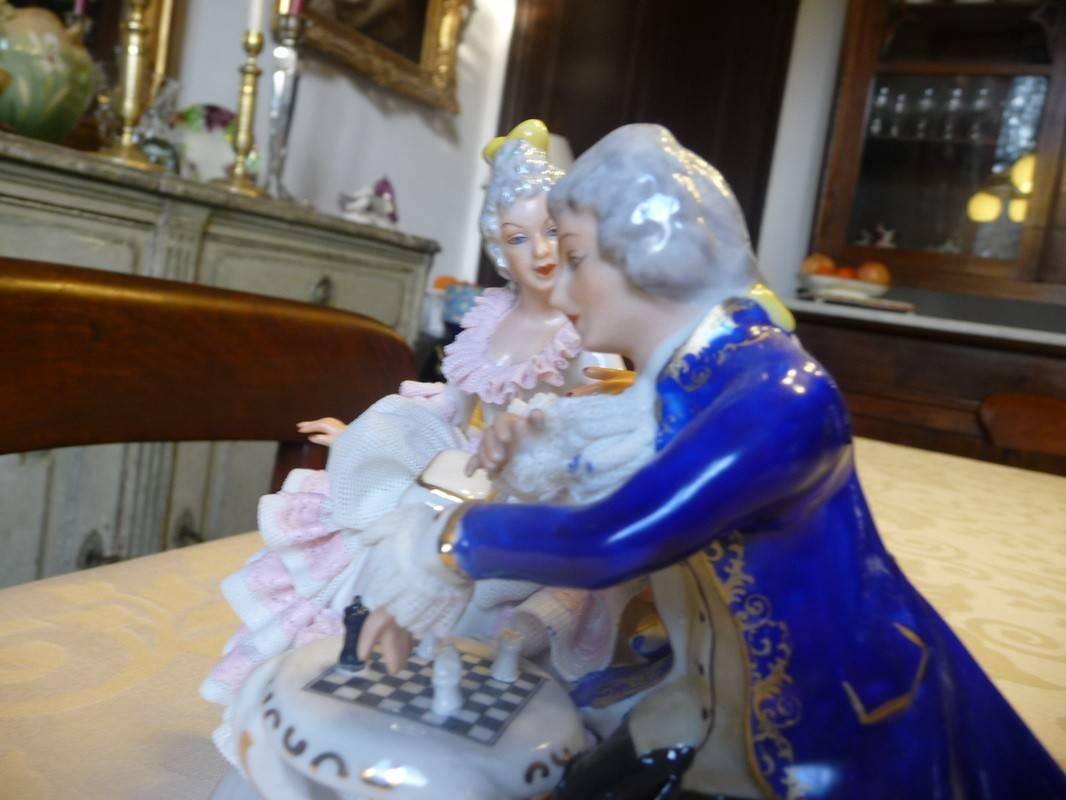 German Dresden Lace Porcelain Figurine Group, Couple Playing Chess 3