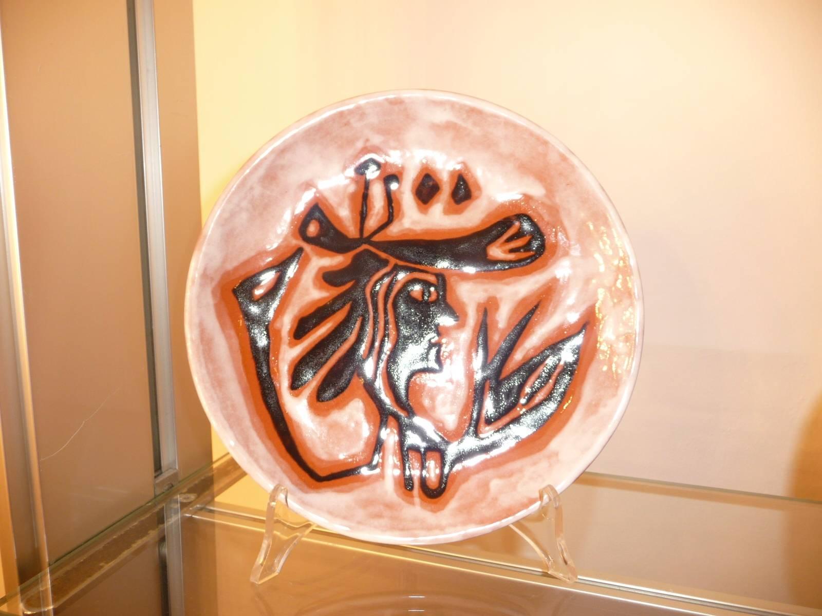 French Surreal Glazed Pottery Plate by Jean Lurçat, France, circa 1920s-1930s For Sale