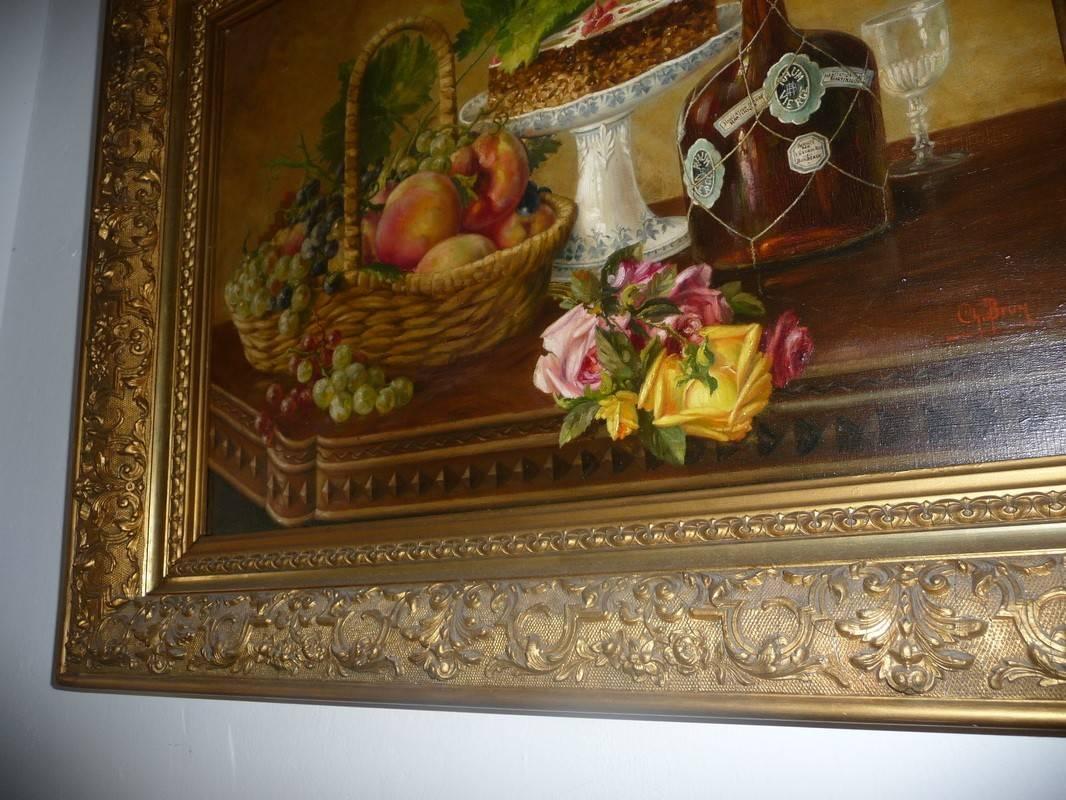 Beautiful still life of 19th. Composition with fruits, flowers, cake and bottle.
It come in an original antique golden frame.
Signed on the bottom left Ch Brun.

Dimensions (only painting without frame) = 82 cm x 66 cm.
