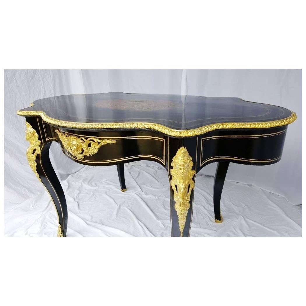 French Center Table Louis XV Boulle Inlays, circa 1870 2