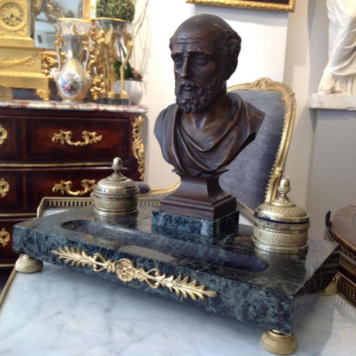 19th Century Marble Inkwell with Bronze Bust of Philosopher, Second Empire Napoléon III Era For Sale