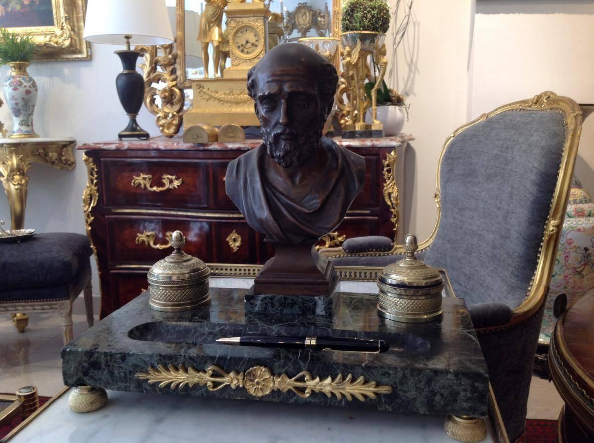 French Marble Inkwell with Bronze Bust of Philosopher, Second Empire Napoléon III Era For Sale