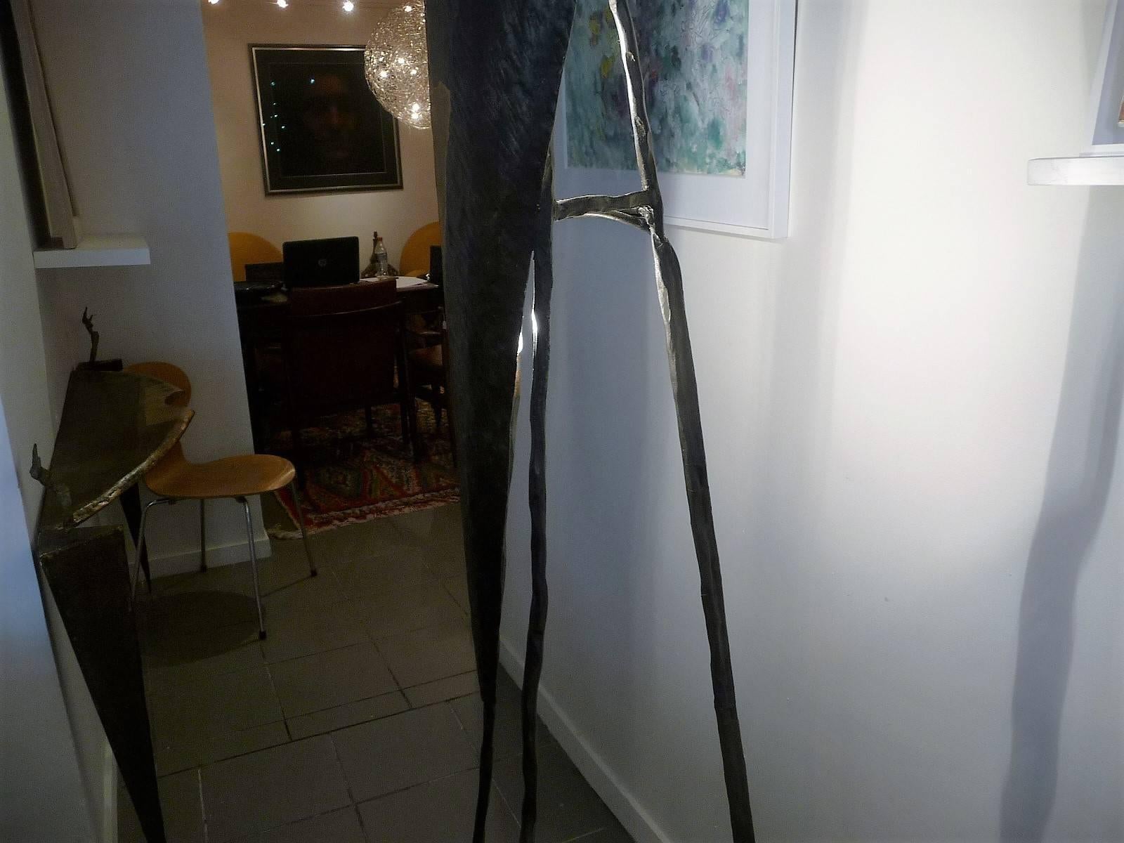 Exceptional large floor lamp iron sculpture art by Jean-Jacques Argueyrolles. Brutalist design, wrought iron and gold leaf decoration. One of a kind art piece from 1990s in perfect conditions.
