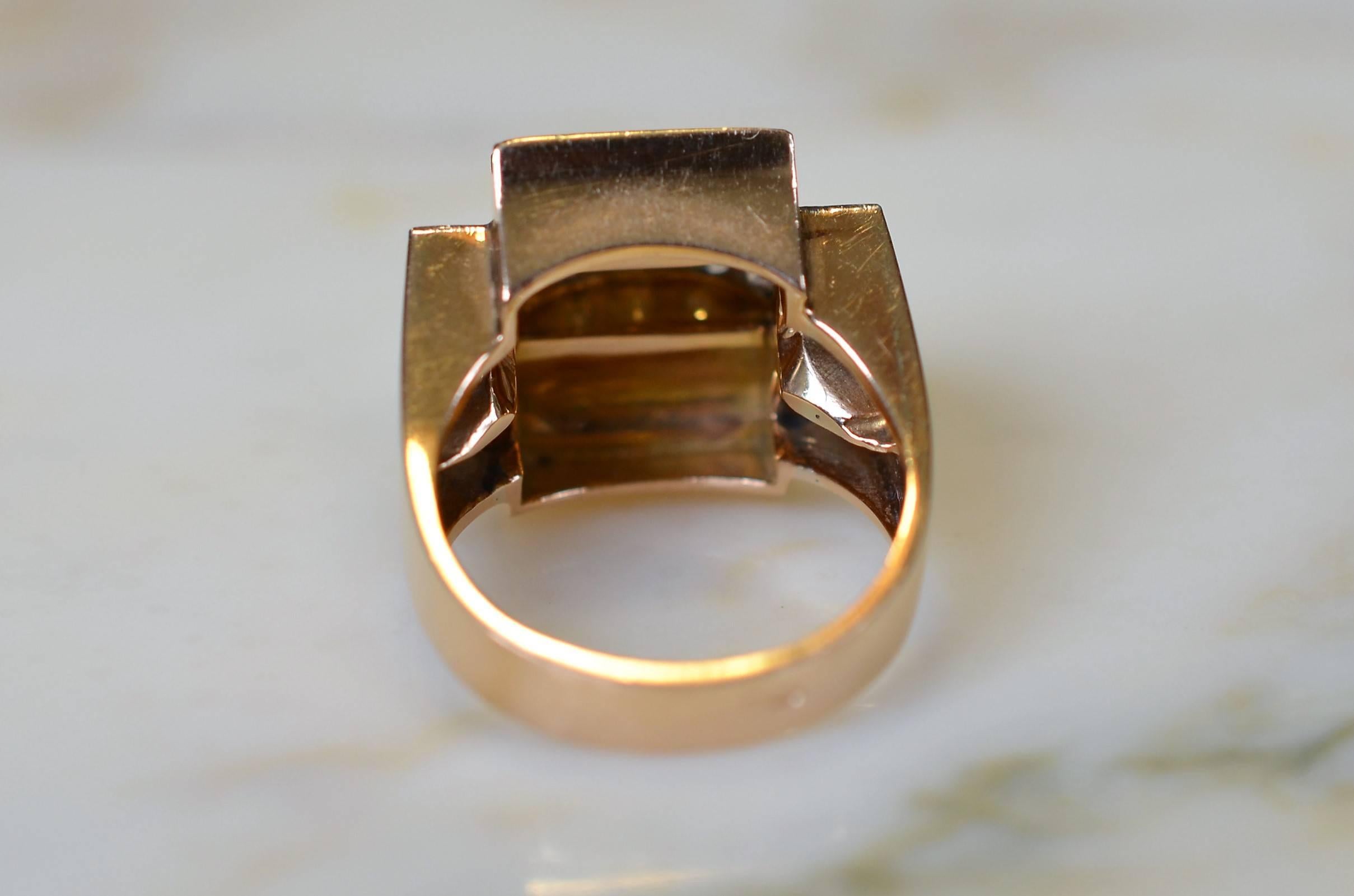 French Tank Ring Yellow Gold 18-Karat Platinum Diamonds, Art Deco, 1940 For Sale