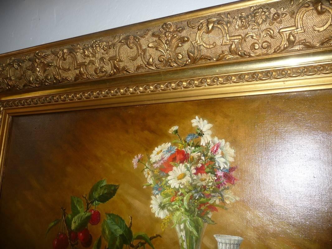 Beautiful still life of 19th century composition with fruits, flowers, vase and book.
It comes in an original antique golden frame.
Signed on the bottom left Ch Brun.

Dimensions (only painting without frame) = 82 cm x 66 cm.