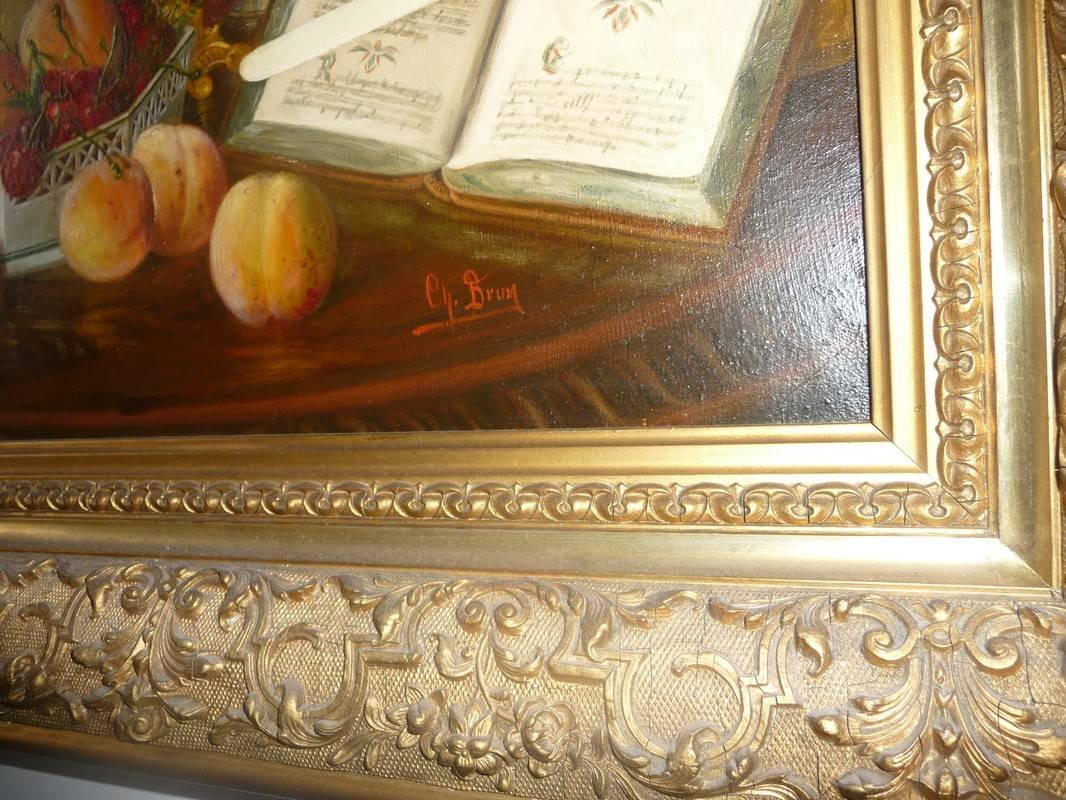 French Oil on Canvas Still Life Signed Brun, 19th Century In Excellent Condition For Sale In Grenoble, FR