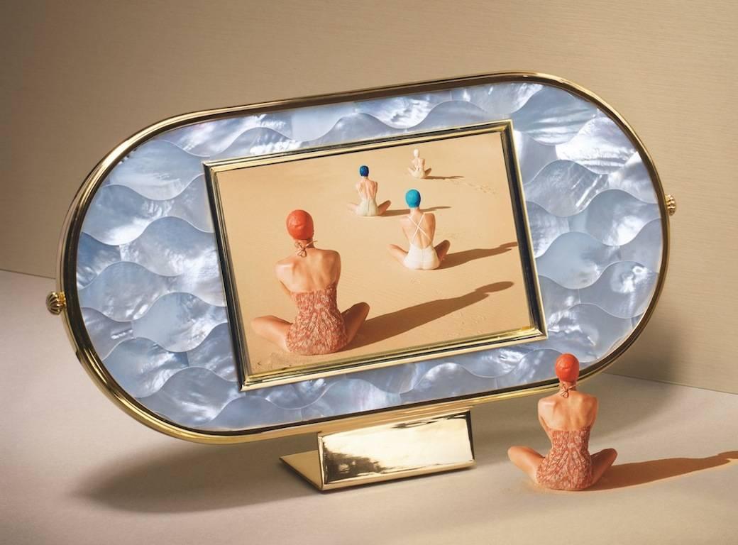 Mother-of-Pearl Art Deco Photo Frame in  Silver and Mother of Pearl Mosaic , Wisdom  For Sale