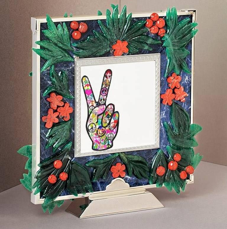 Hand-Crafted Boho Large Silver Flower Luxury Photo Frame Natural Stones, Peace