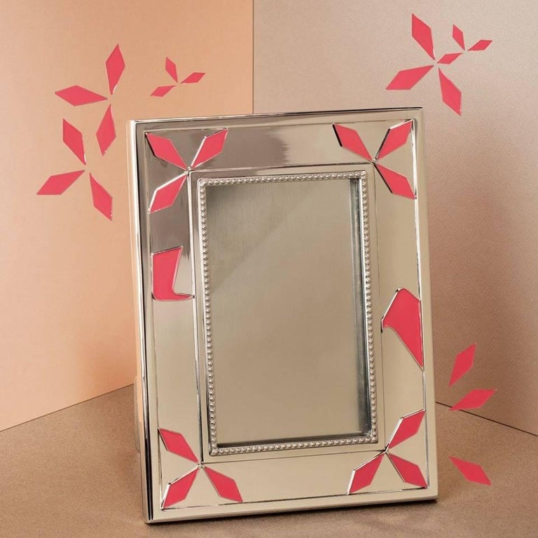 Italian Photo Frame Art deco Silver with Pink Enamels, Enthusiasm For Sale 2