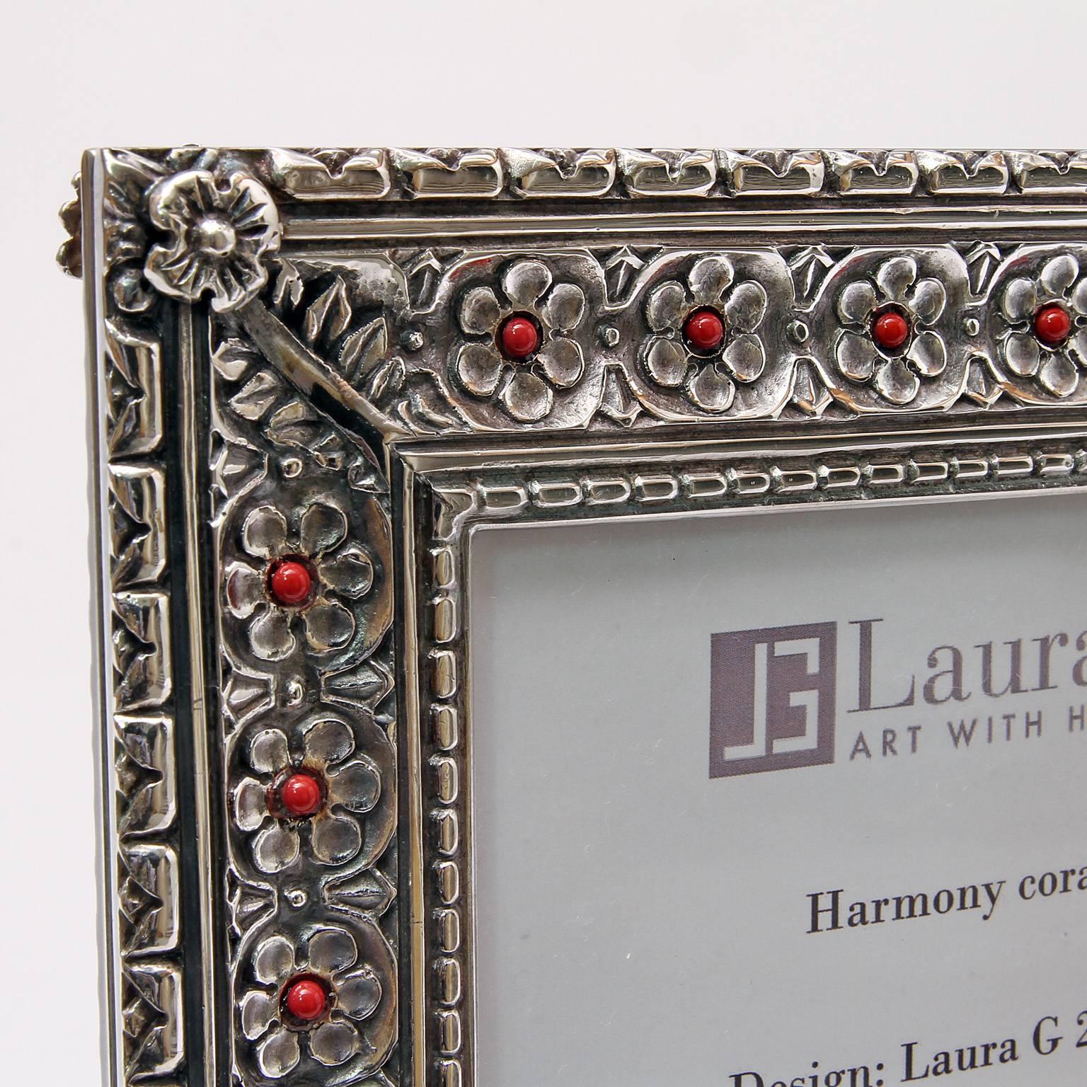 Arts and Crafts Italian Photo Frame in Lost Wax Silver , Harmony Coral For Sale