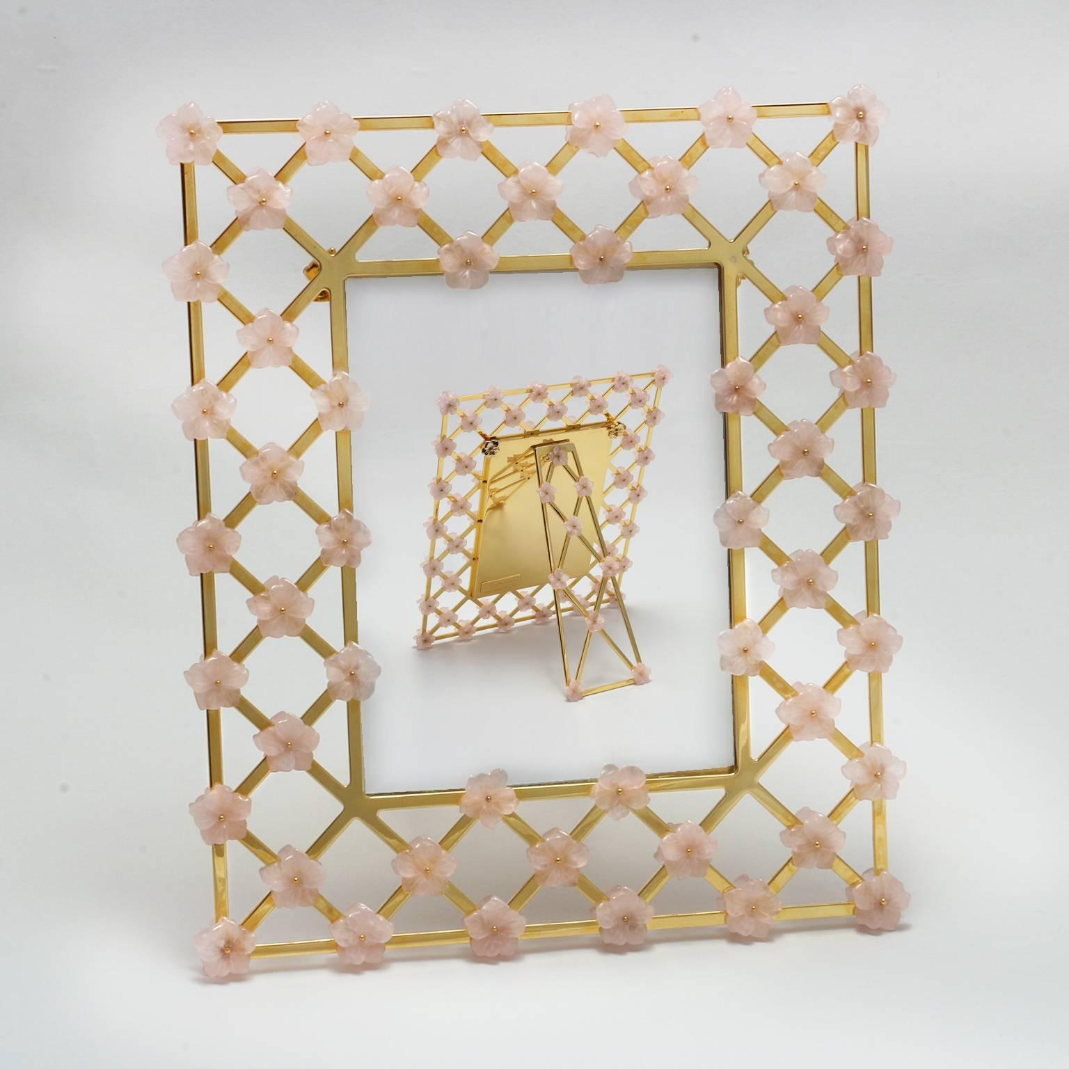 Italian 21st Century Gold Bronze Picture Frame Pink Quartz Flowers, Gratitude Pink 