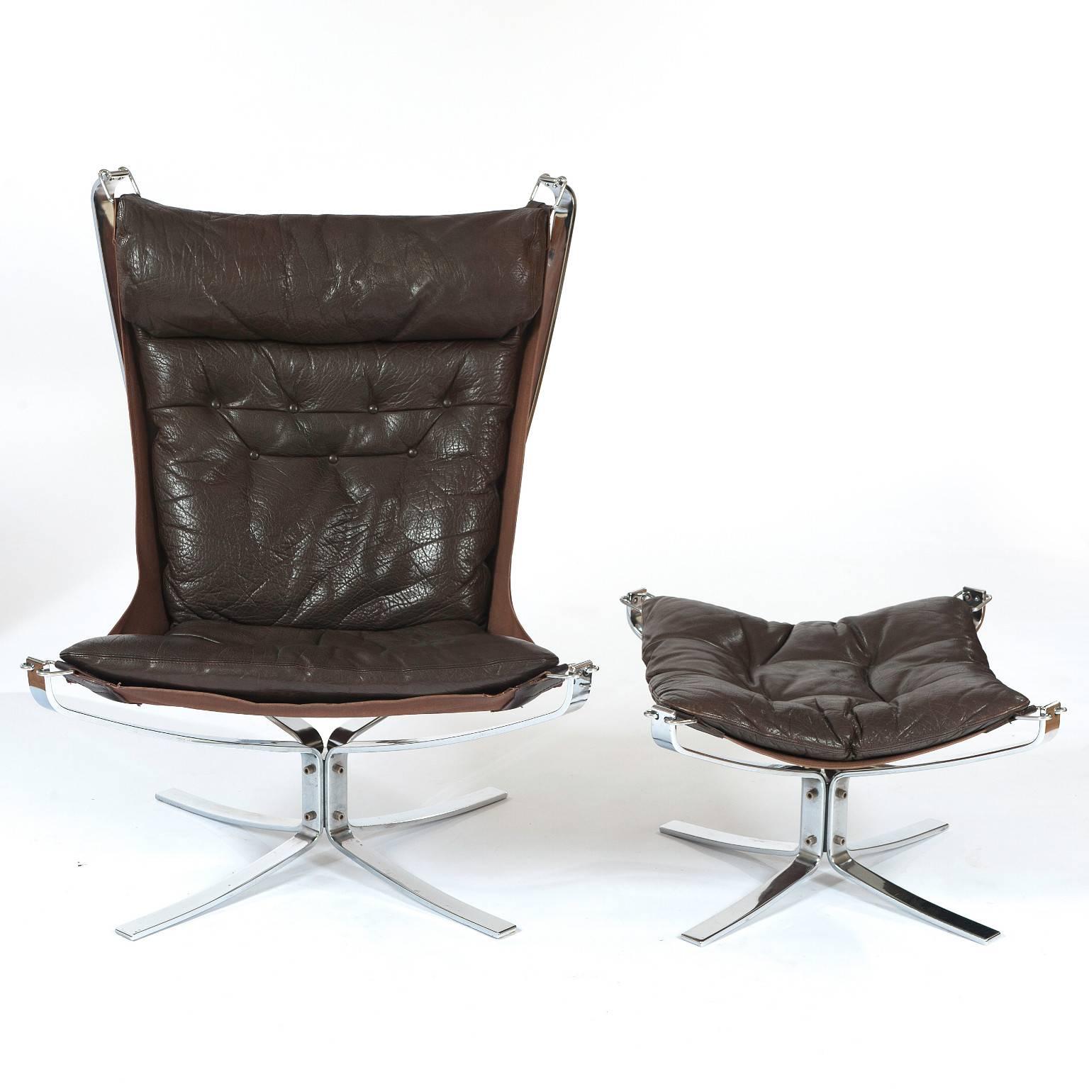 Norwegian Chrome High Back Falcon Chair and Stool For Sale