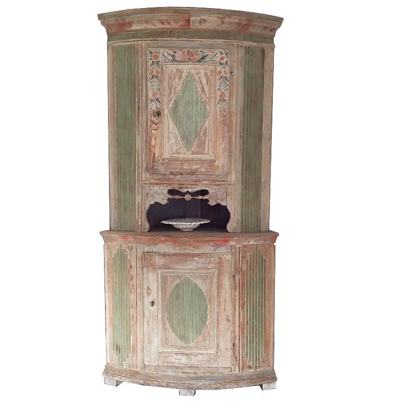 19th Century Swedish Gustavian Corner Cabinet, Original Painting