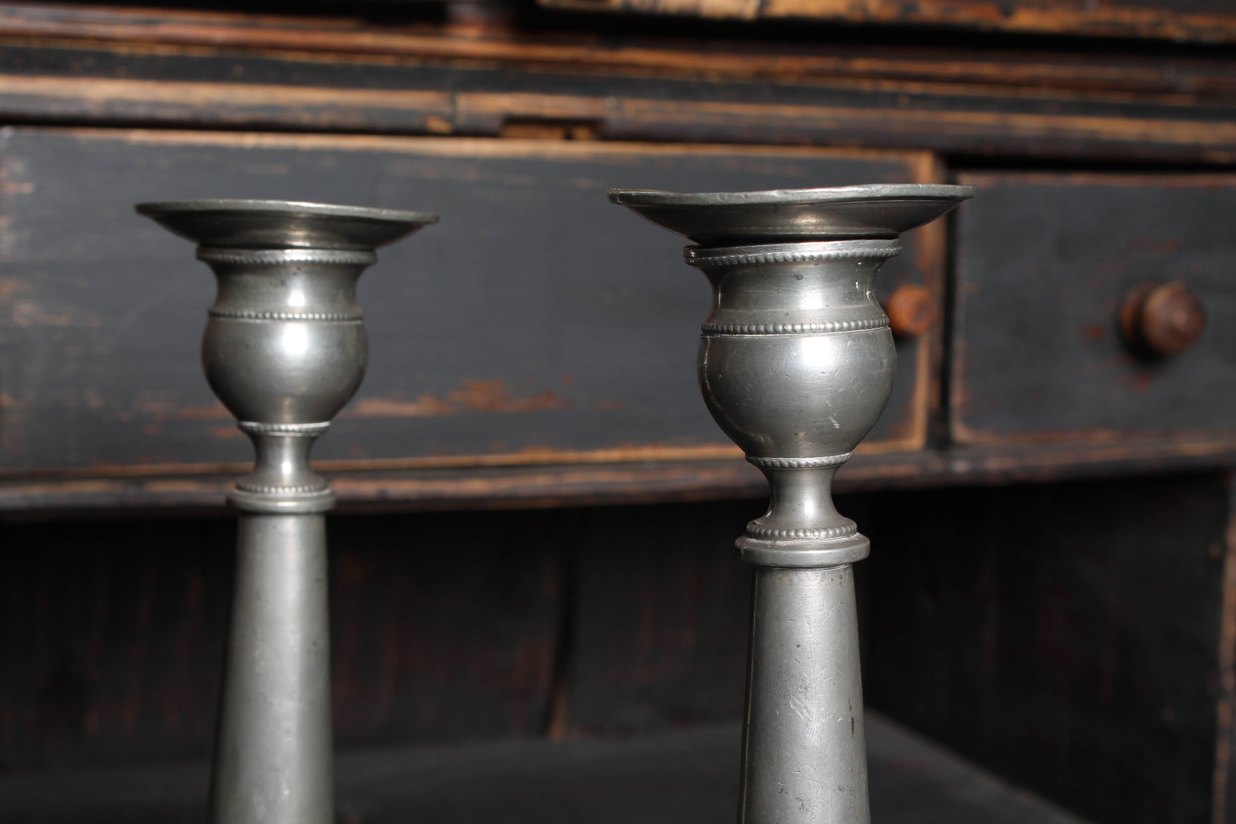 Pair of Gustavian Pewter candle sticks, 1812. Made by Sven Berglund. (1811-1844), Malmö. Typical Gustavian model.