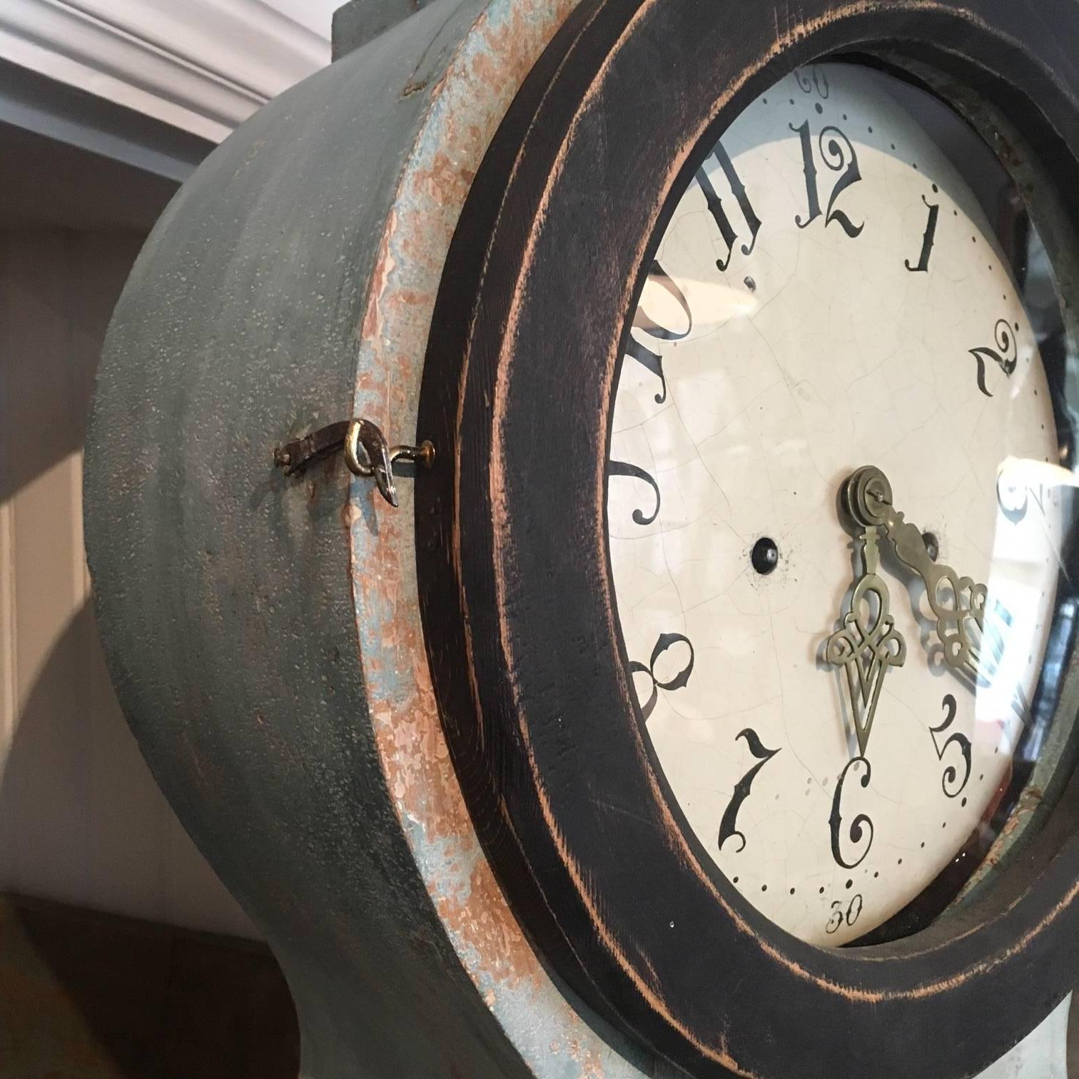 Pine Swedish Mora Grandfather Clock, Scraped to Original Painting, 18-19th Century