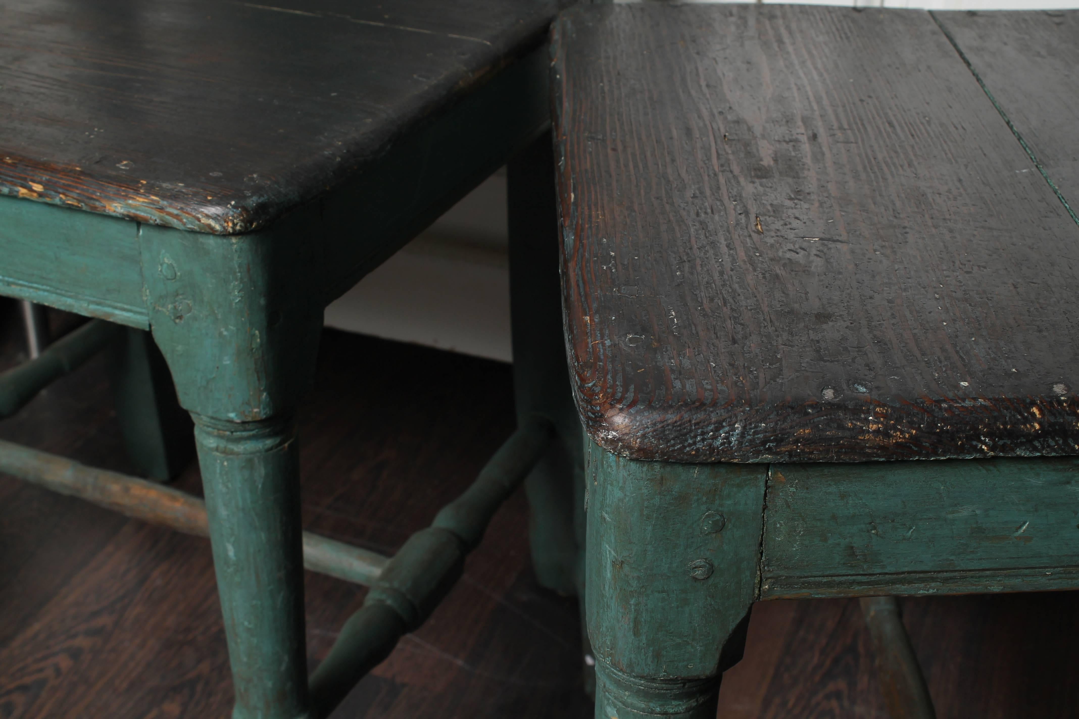 Pair of 19th century Swedish Gustavian chairs. Green or blue painting with black seat. Typical Gustavian attributes. Very solid.