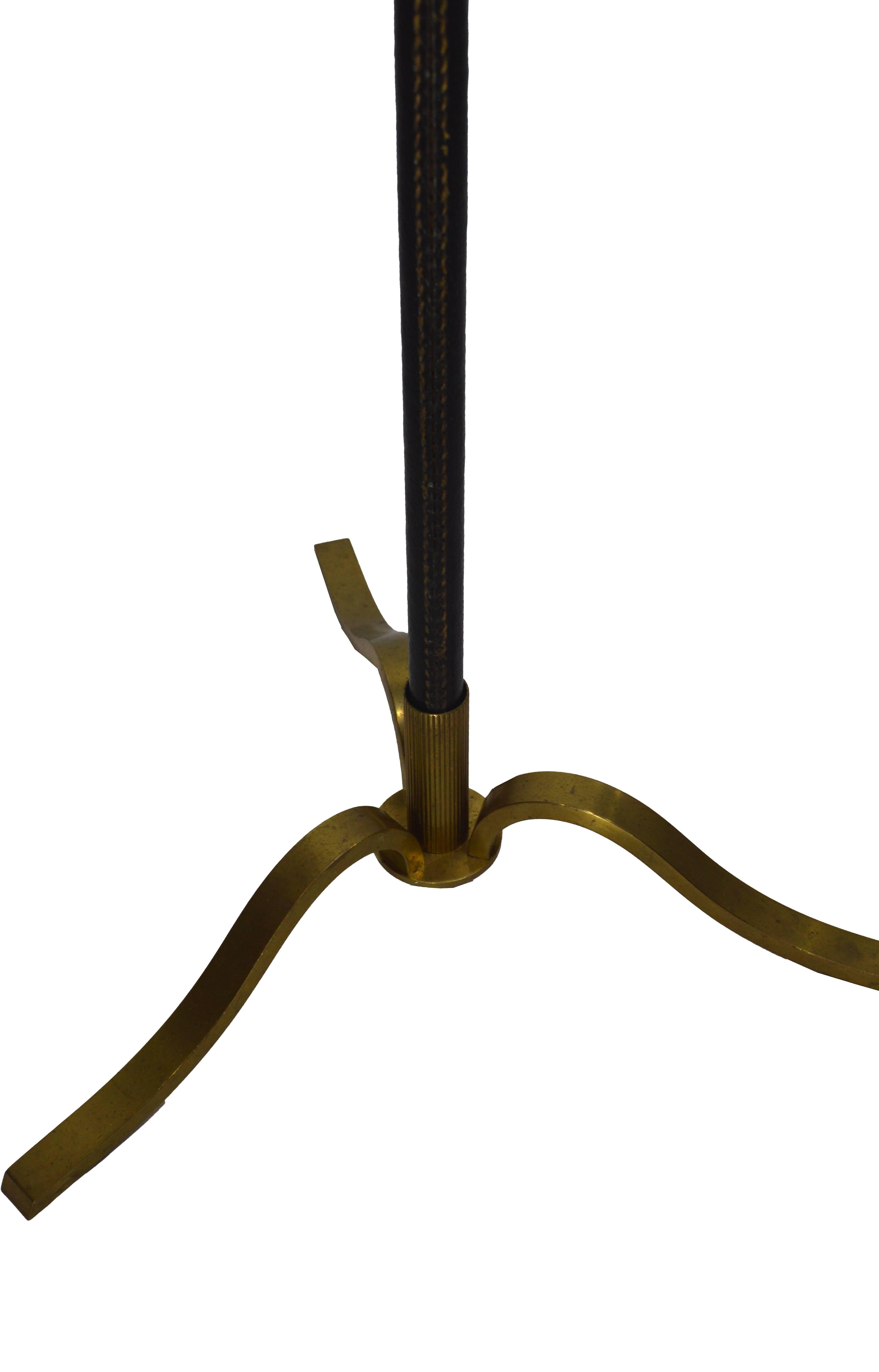 Brass and Black Leather Tripod Floor Lamp In Good Condition In New York, NY