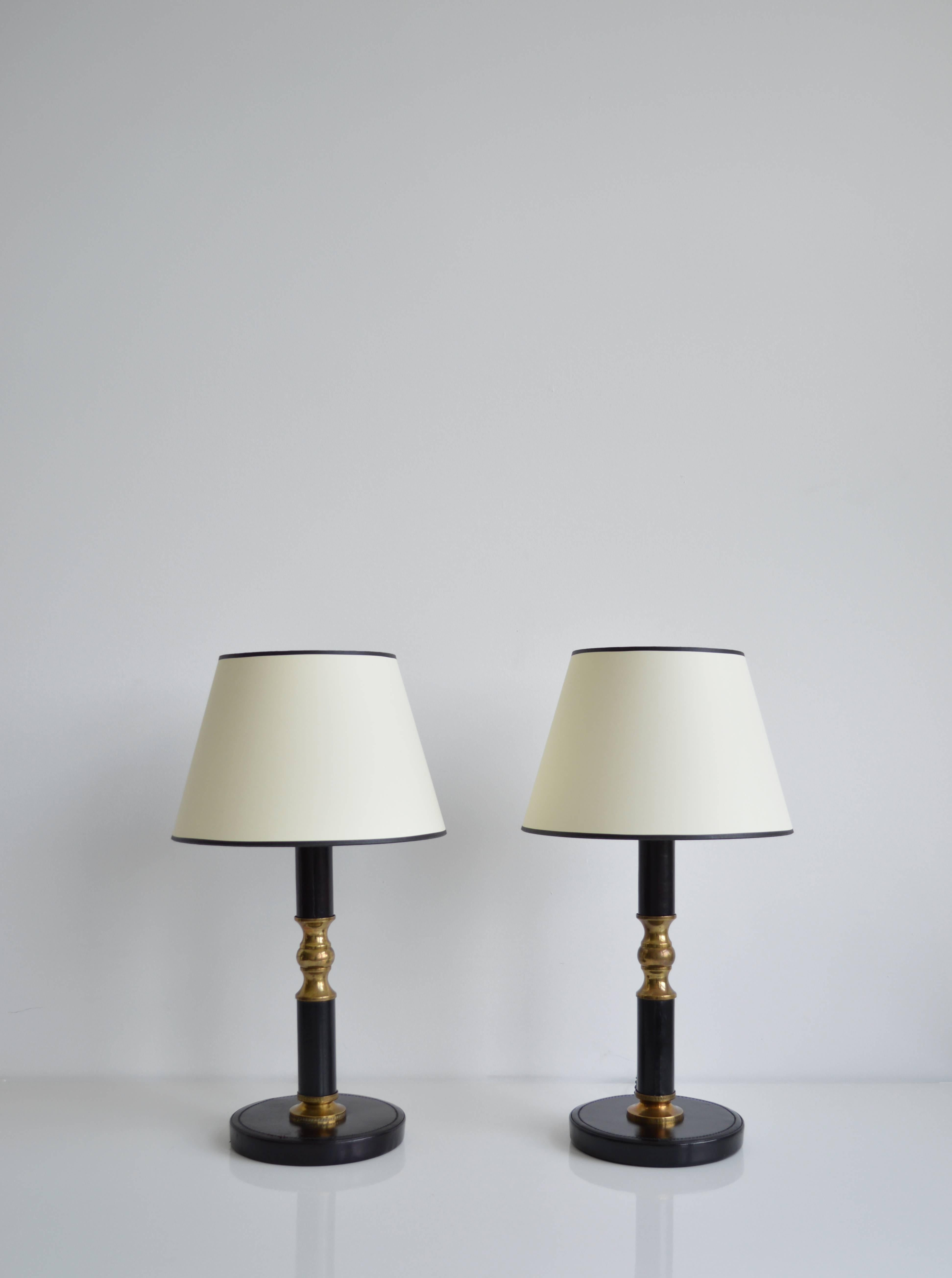 Pair of Black Leather and Brass Lamps by Jacques Adnet In Good Condition In New York, NY
