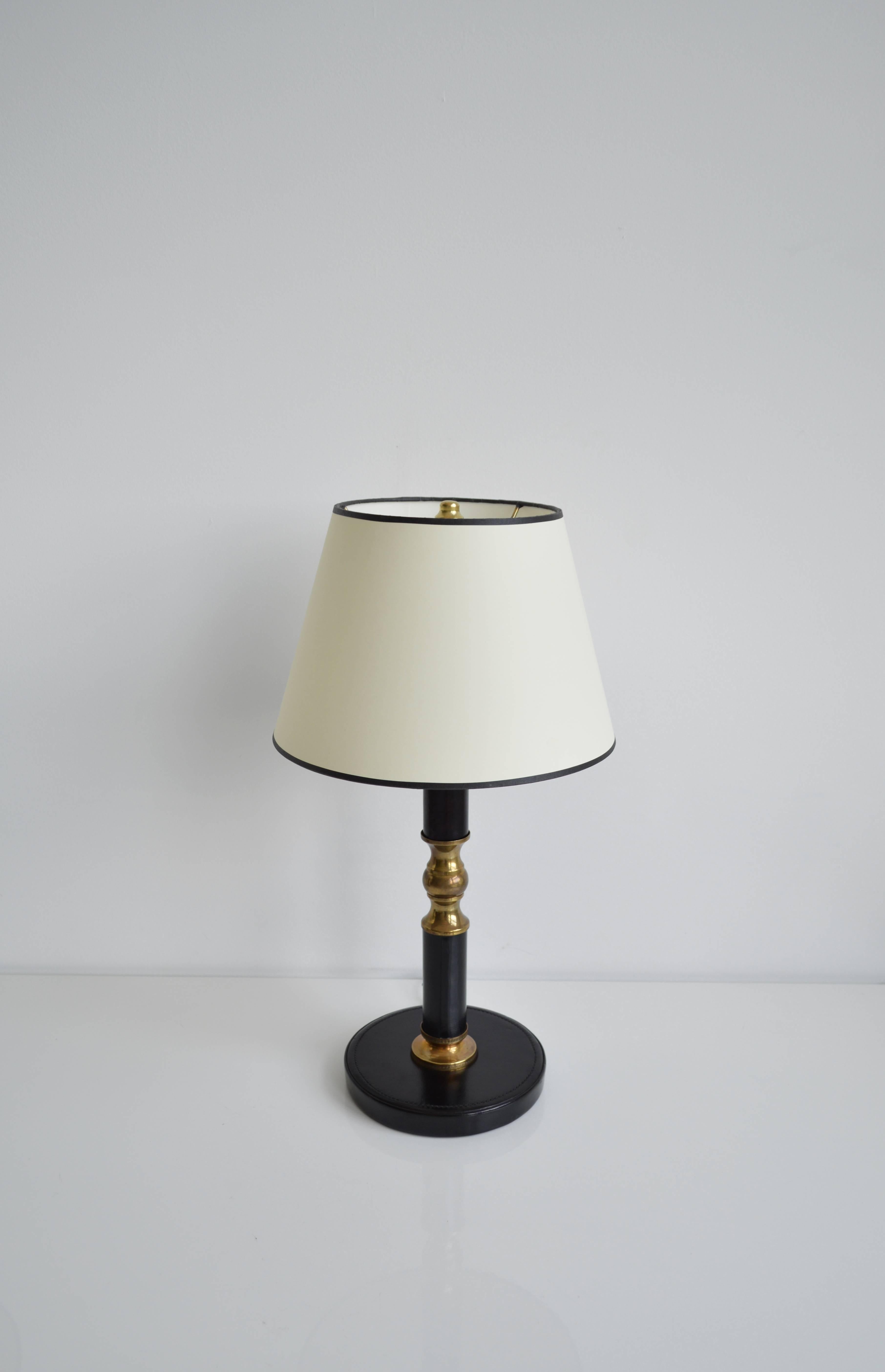 Mid-20th Century Pair of Black Leather and Brass Lamps by Jacques Adnet