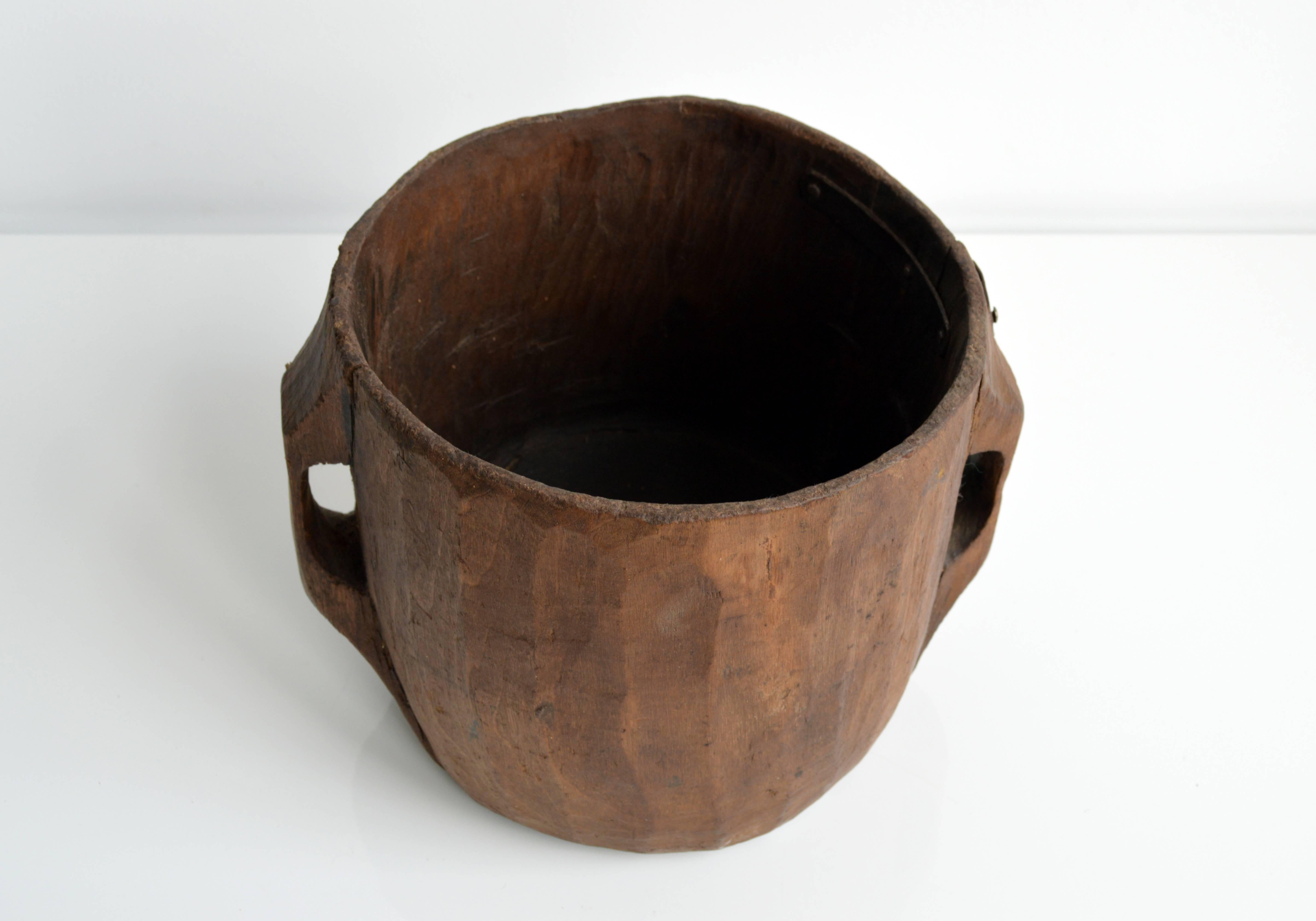 Metal Carved Wood Vessel with Handles