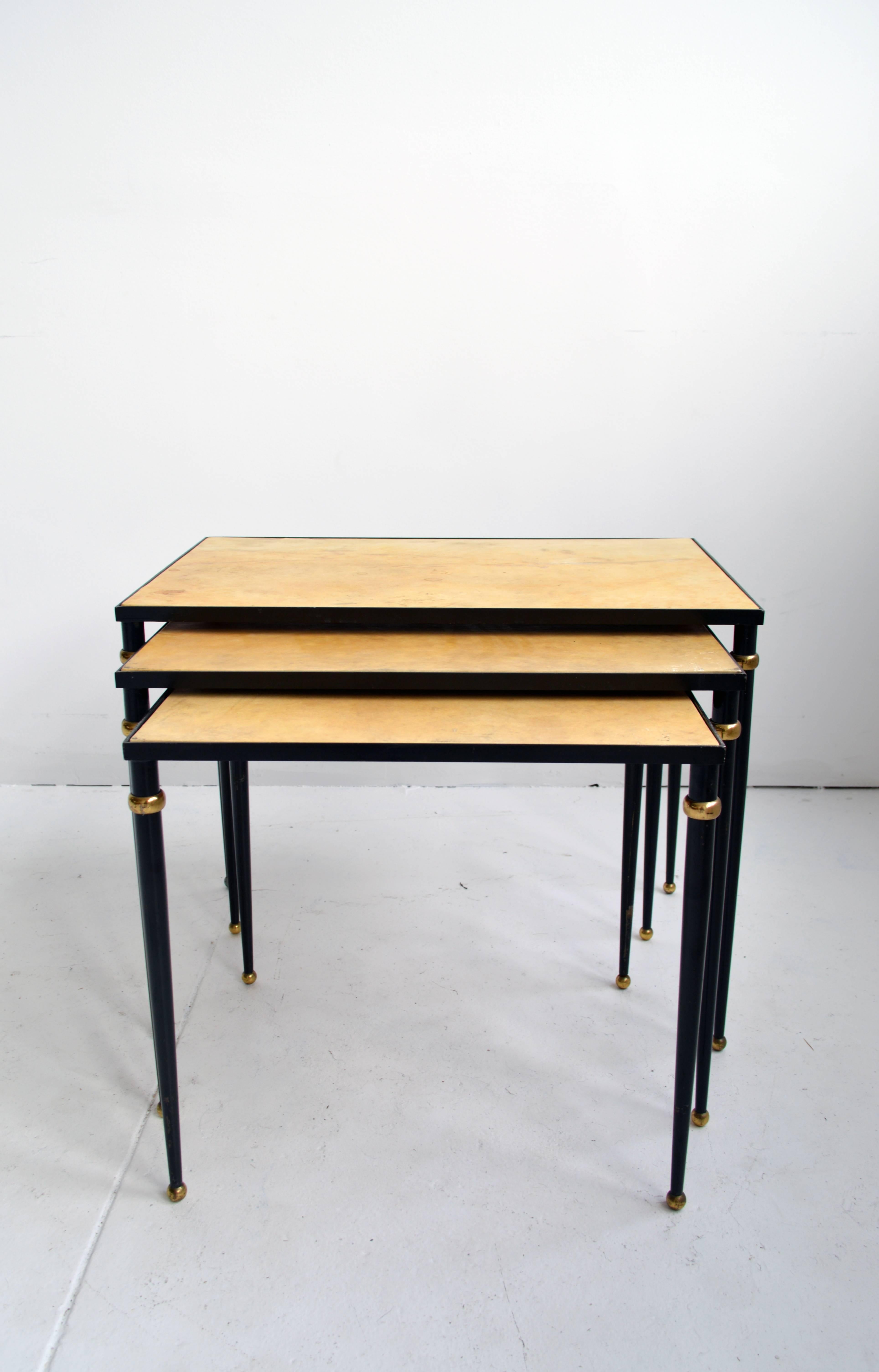 20th Century Metal and Parchment Nesting Tables For Sale