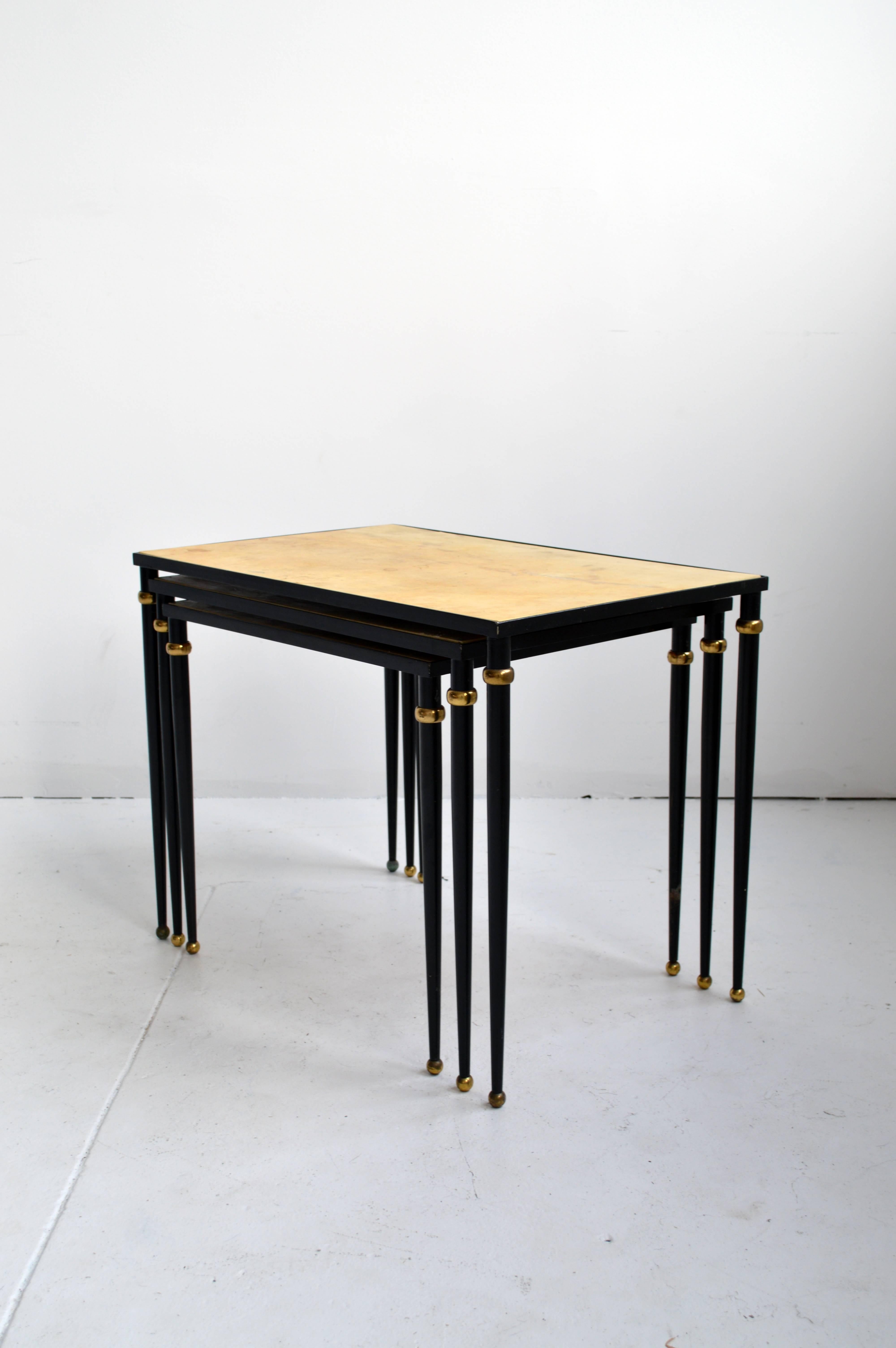French Metal and Parchment Nesting Tables For Sale
