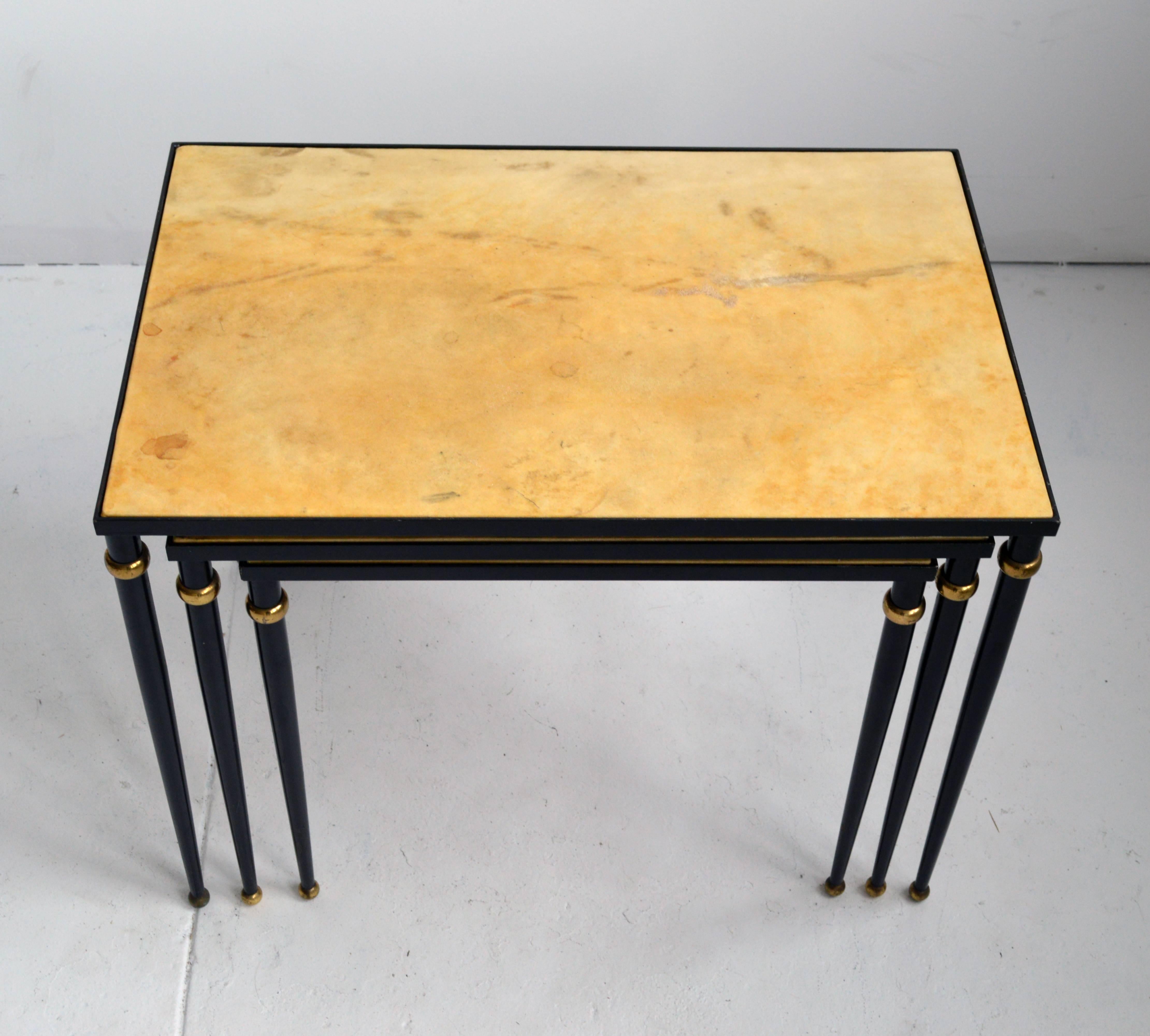 Metal and Parchment Nesting Tables In Good Condition For Sale In New York, NY