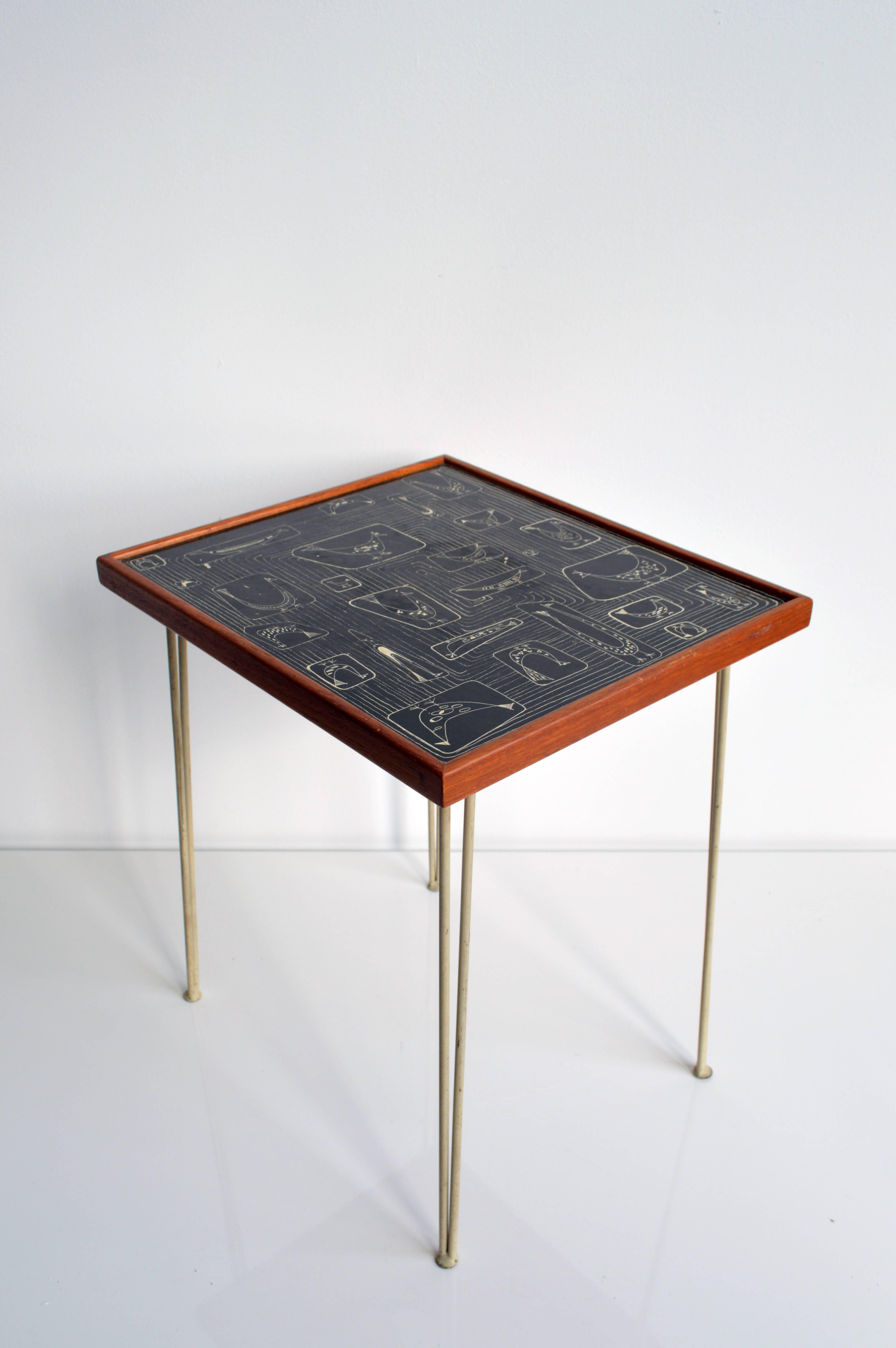 This side table was designed by Hans-Agne Jakobsson for AB Markaryd, circa 1950. The top of the table features a black and white mid-century bird motif with a raised wood lip. Makers mark are visible on the underside of the table.

Offered by Neal