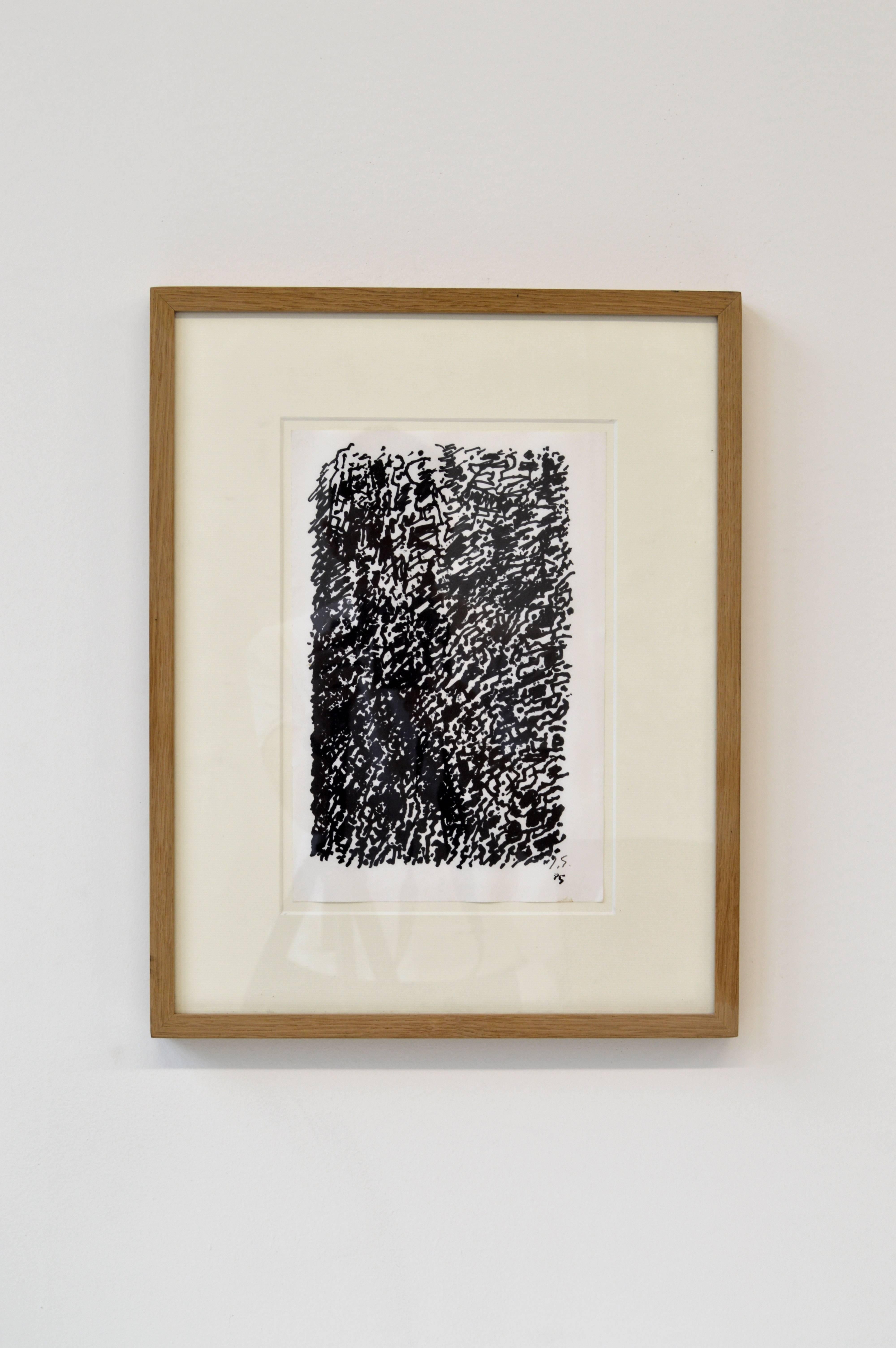 Black and white abstract drawing by French artist Jacques Germain framed in a natural light wood frame. Jacques Germain was a prominent member of the Abstraction Lyrique group in post-war Paris, and his work is exhibited in several museums worldwide