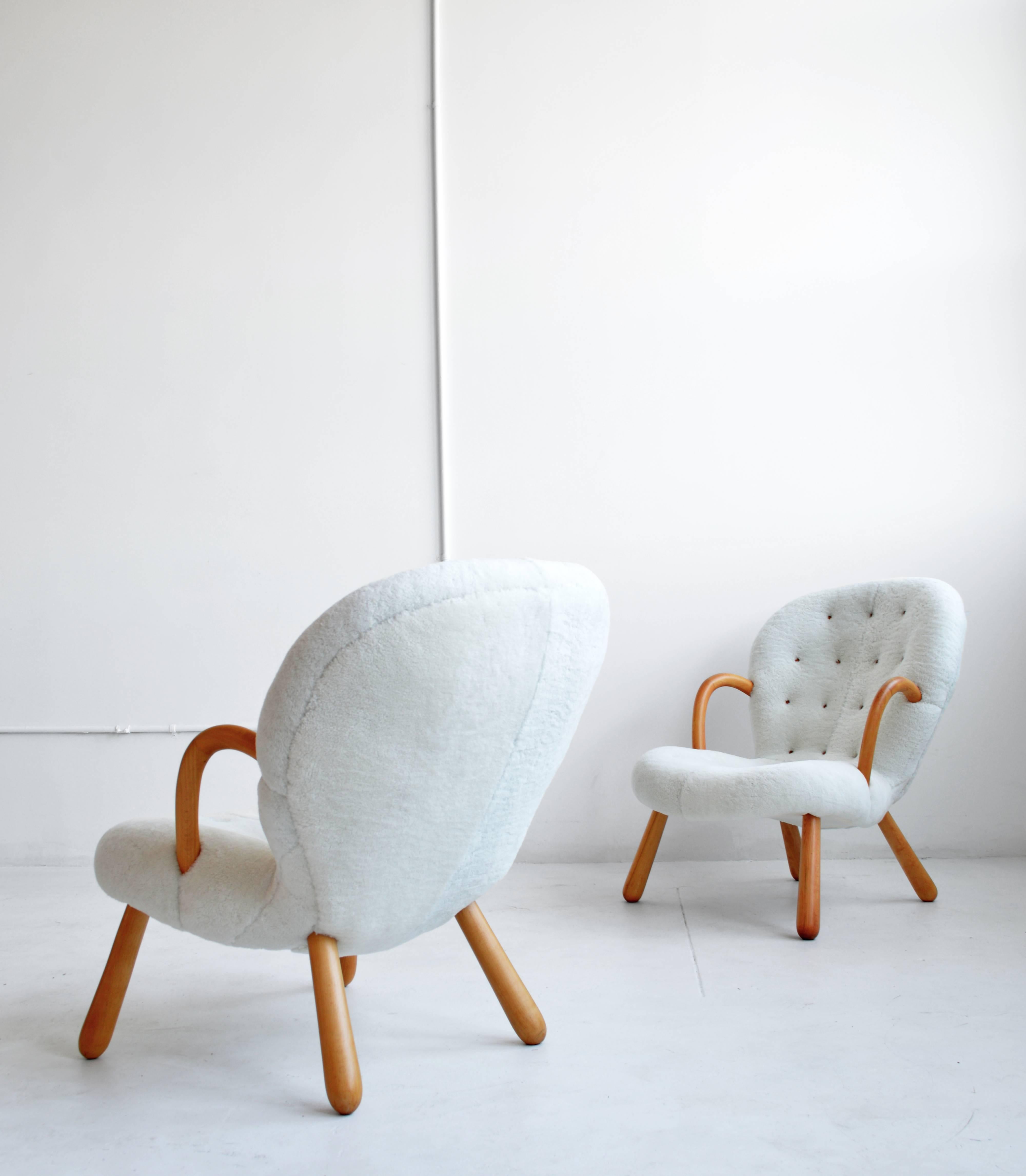 Scandinavian Modern Vintage Pair of Clam Chairs by Philip Arctander in Shearling