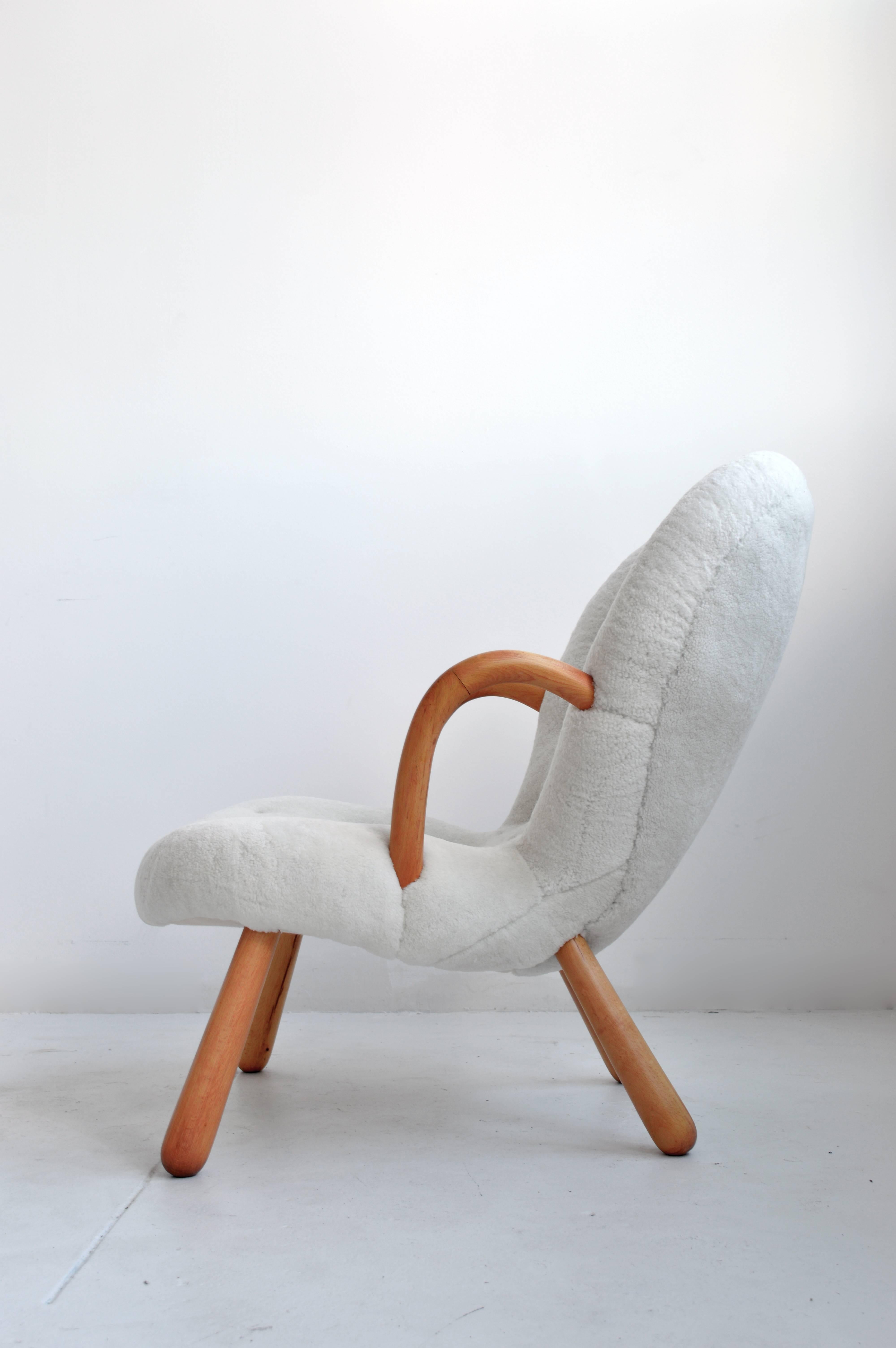 Danish Vintage Pair of Clam Chairs by Philip Arctander in Shearling
