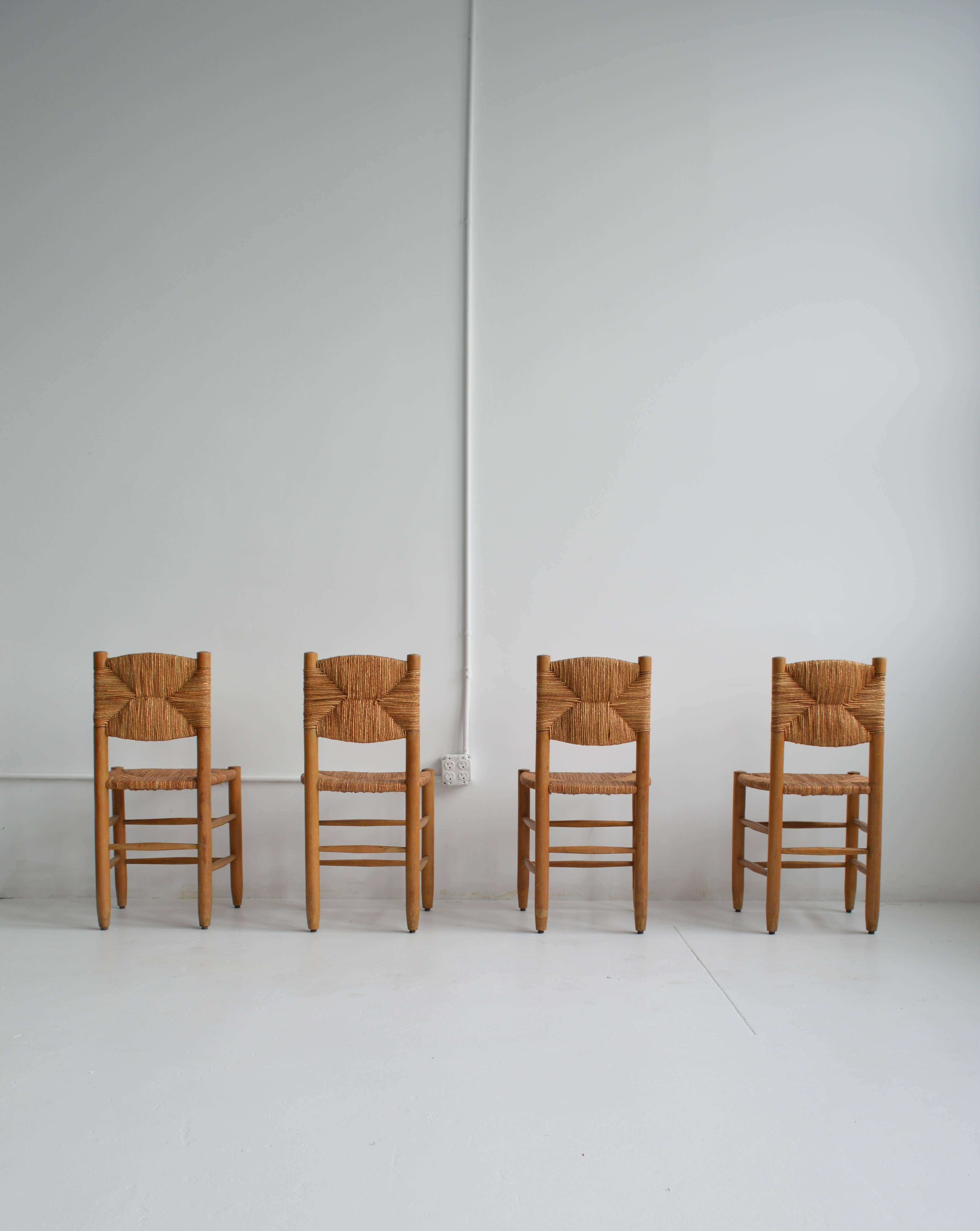 French Set of Four Charlotte Perriand Bauche Dining Chairs, Mid-Century, France