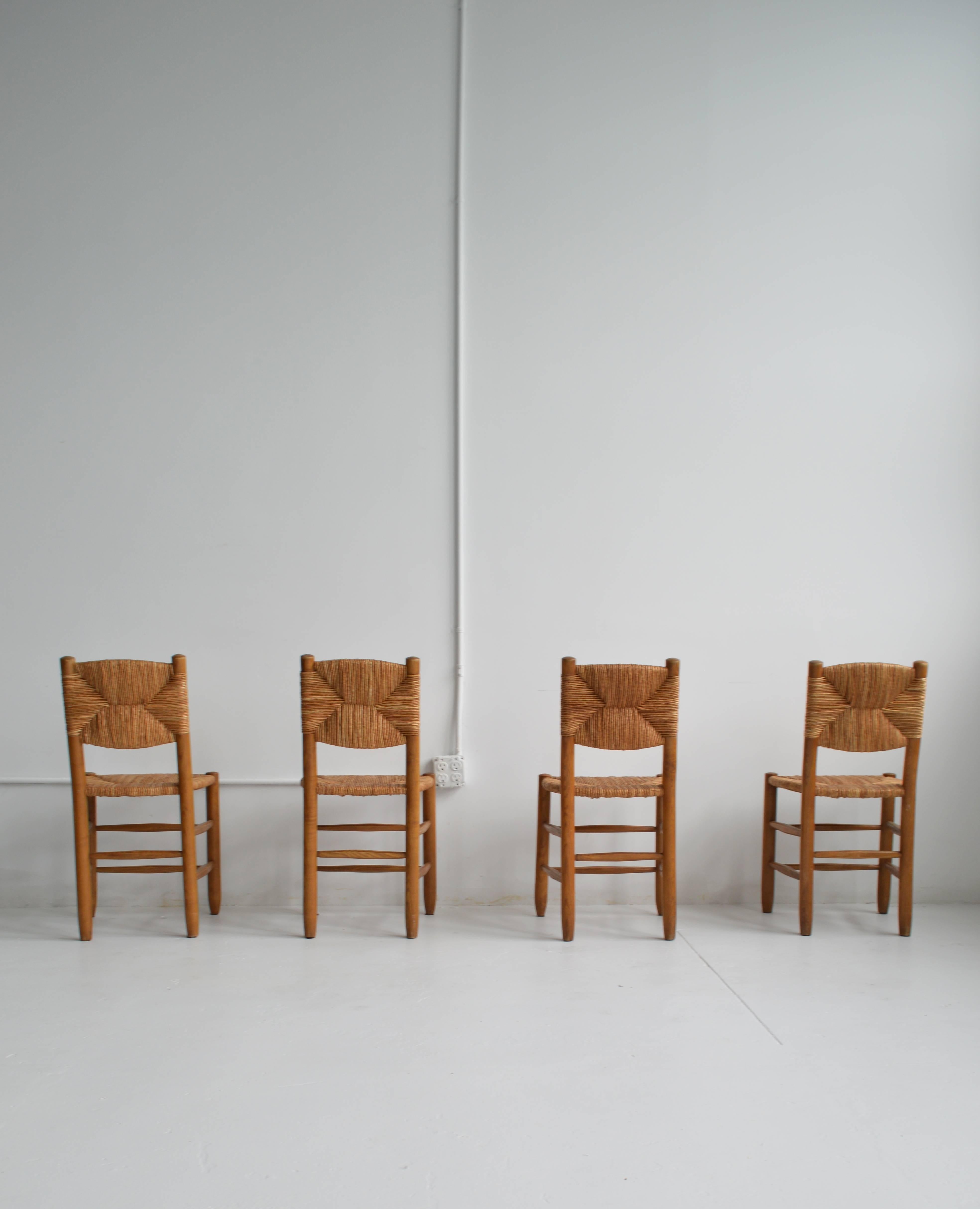 French Set of Four Charlotte Perriand Bauche Dining Chairs, Mid-Century, France 
