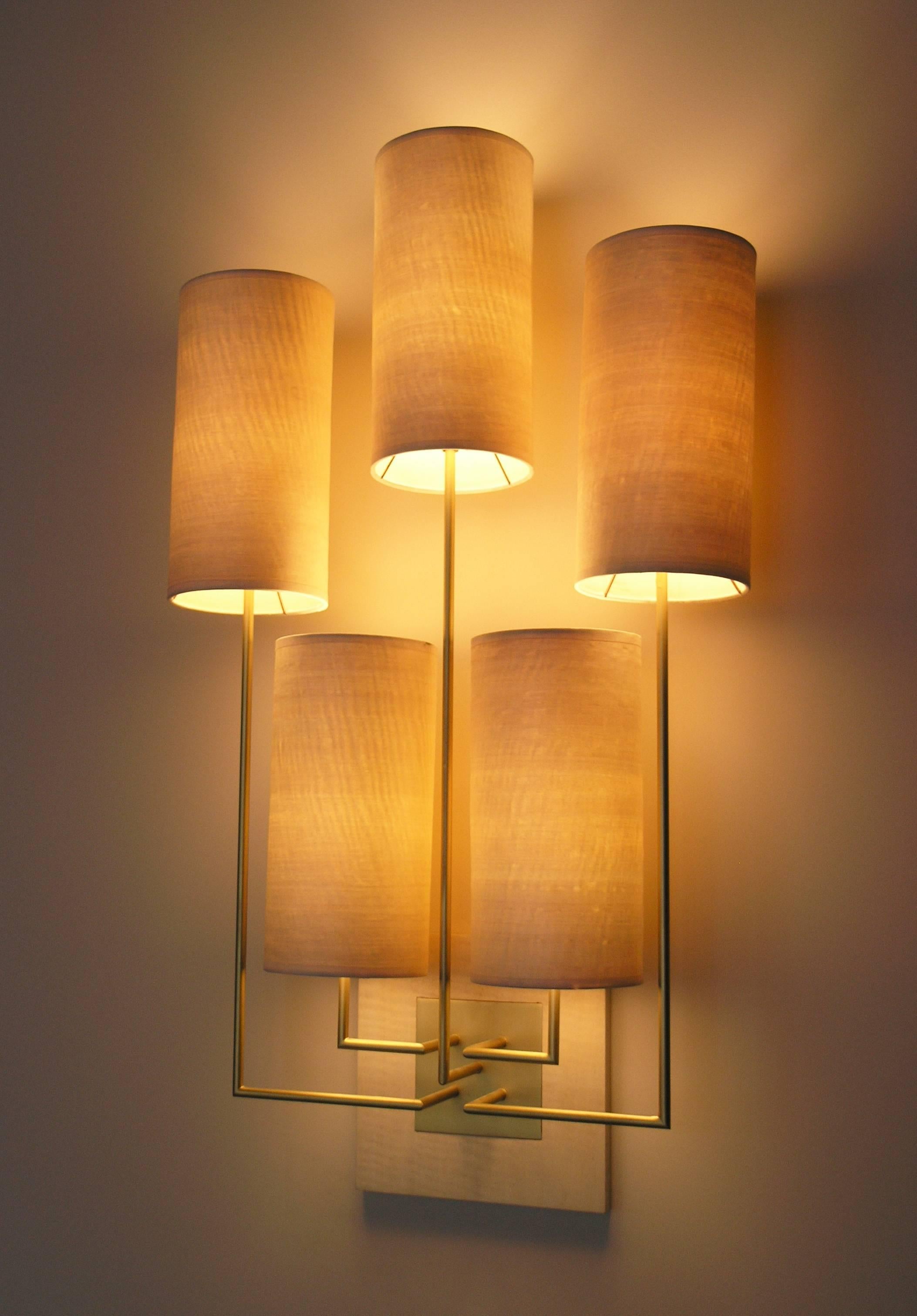  Wall Lamp Sconce “Tige5” Gold Bronze Patina and Wooden Lampshades by A. Lefort In New Condition In SENLIS, OISE
