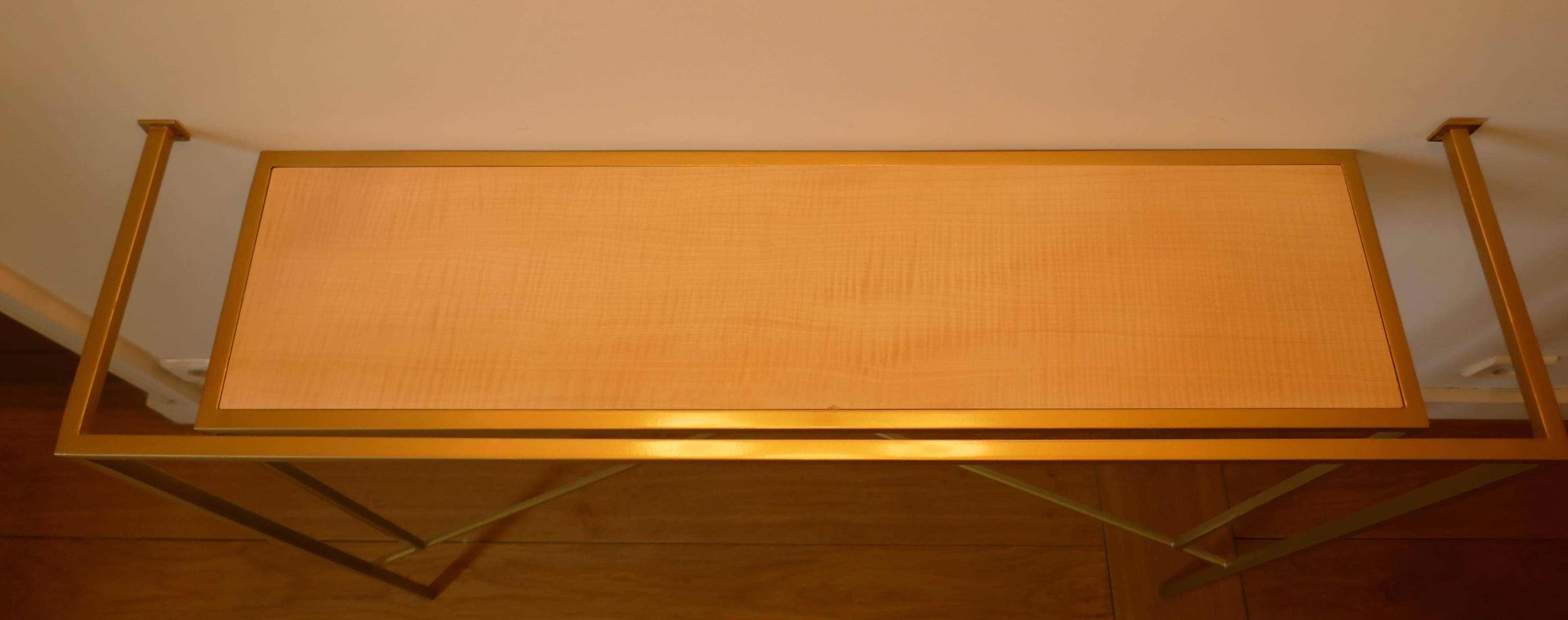French Console in Gold, Bronze Brass Patina with One Sycamore Shelve by Aymeric Lefort