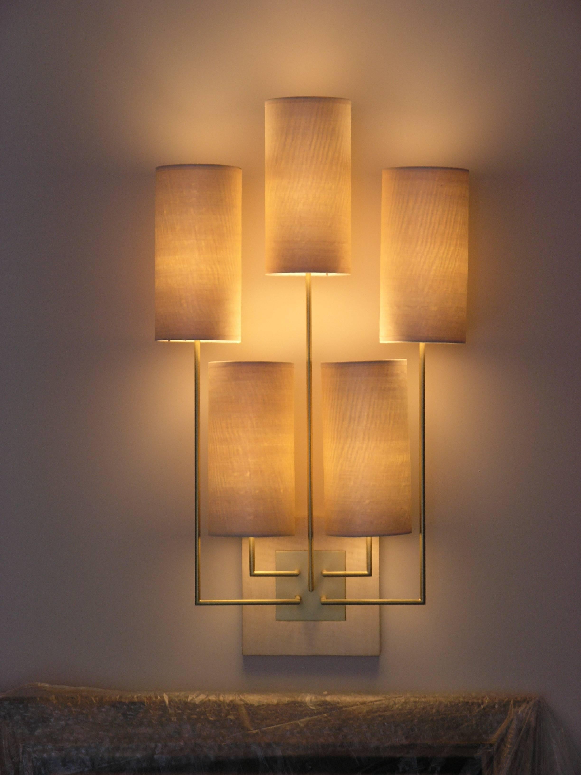 Modern  Wall Lamp Sconce “Tige5” Gold Bronze Patina and Wooden Lampshades by A. Lefort