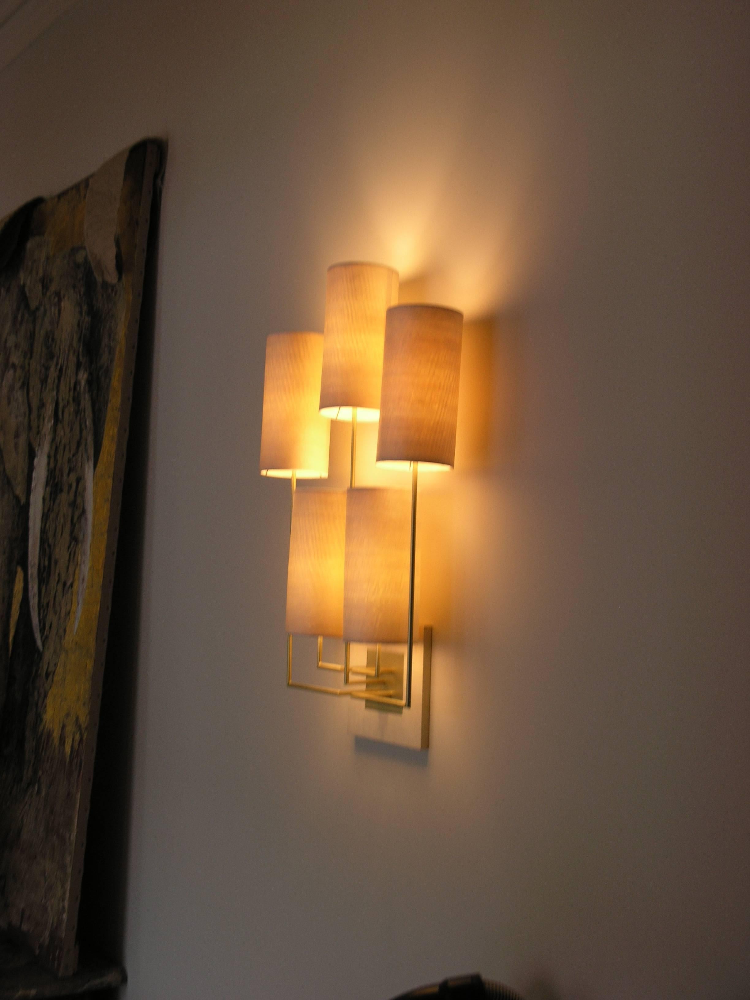 French  Wall Lamp Sconce “Tige5” Gold Bronze Patina and Wooden Lampshades by A. Lefort