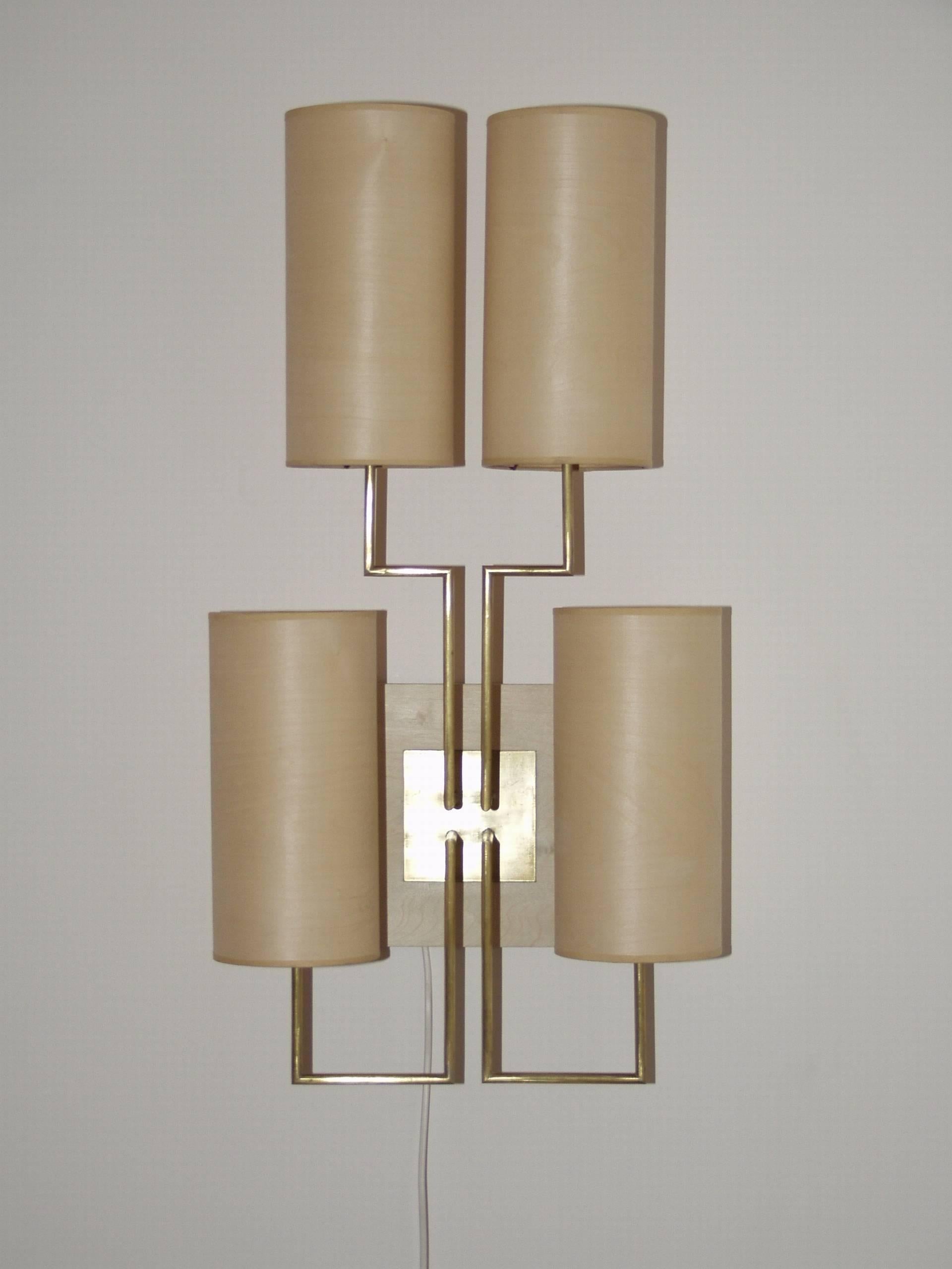 Wall Lamp Sconce “Tige4” Gold Bronze Patina and four Wooden lampshades by Aymeric Lefort made to order. 
This wall lamp is made in a metal gold patina tube fixed on a wooden Sycomore square. The lampshade is made in 