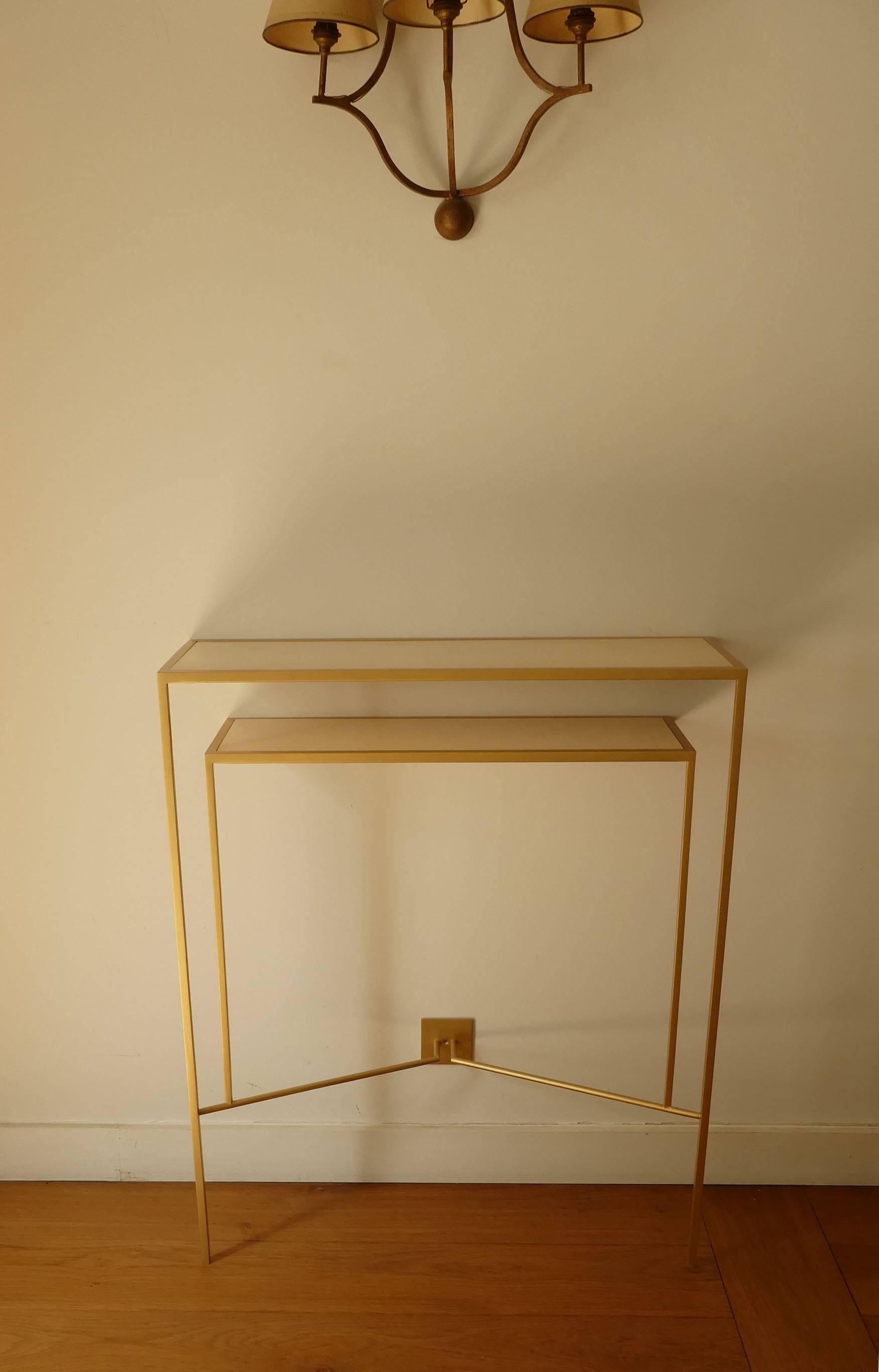 Modern Console in Gold, Bronze Patina with tow Sycamore Shelves by Aymeric Lefort