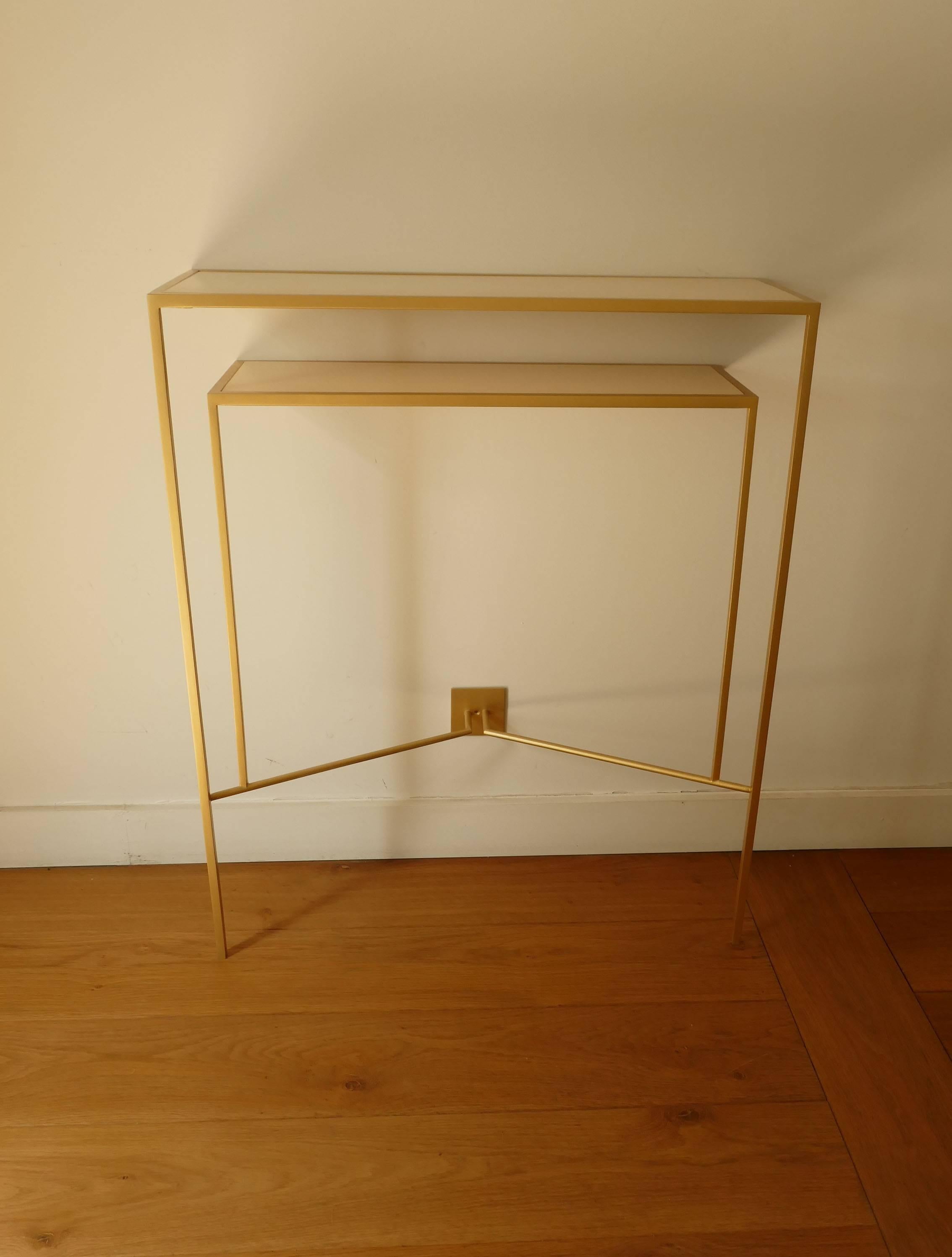 Patinated Console in Gold, Bronze Patina with tow Sycamore Shelves by Aymeric Lefort