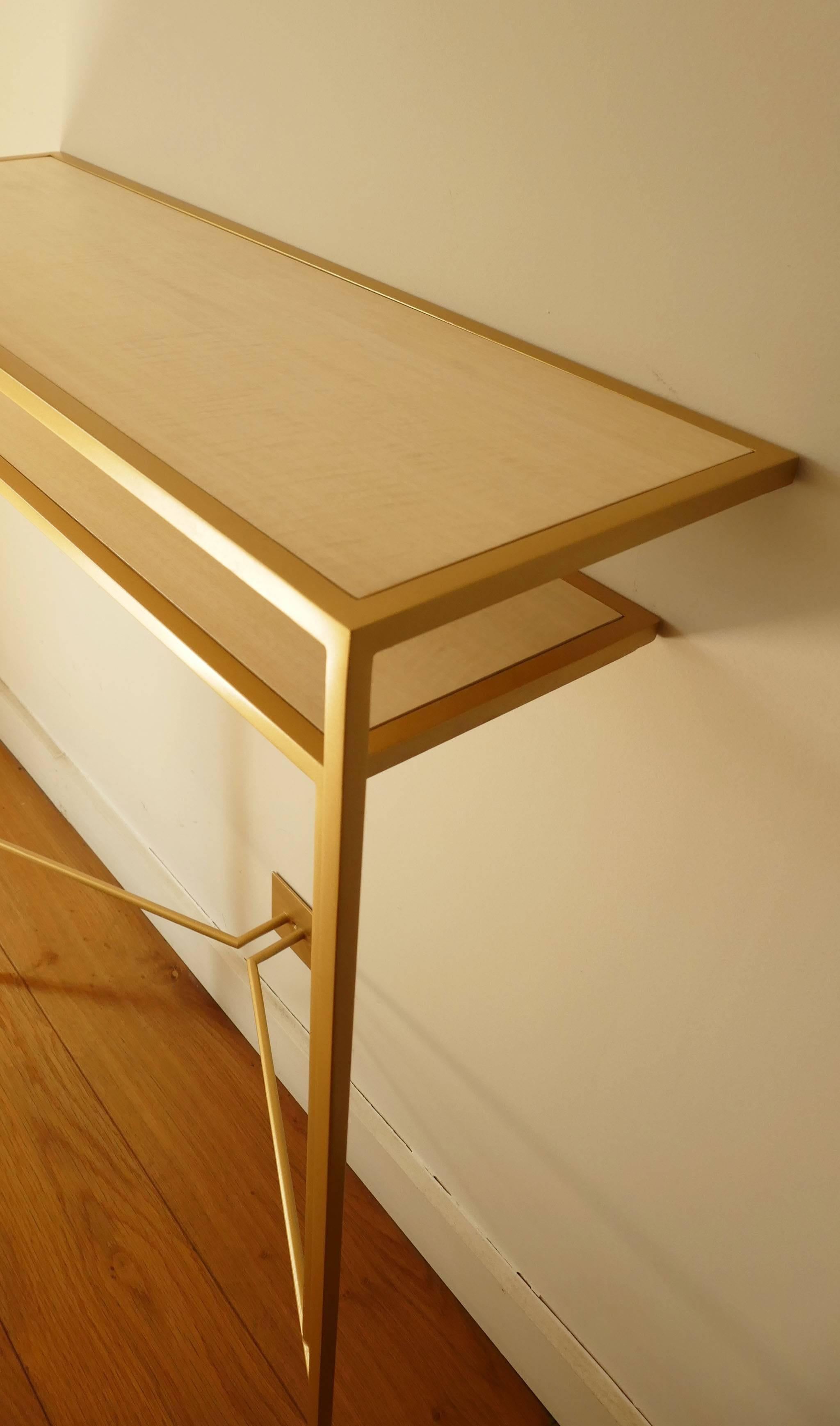Console in Gold, Bronze Patina with tow Sycamore Shelves by Aymeric Lefort In New Condition In SENLIS, OISE