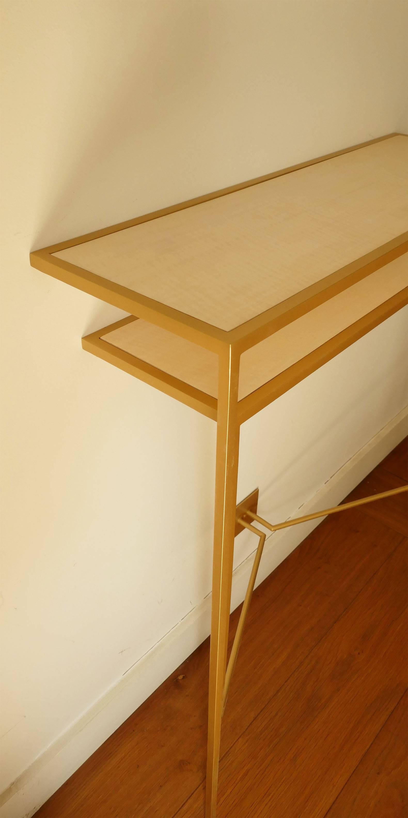 Contemporary Console in Gold, Bronze Patina with tow Sycamore Shelves by Aymeric Lefort