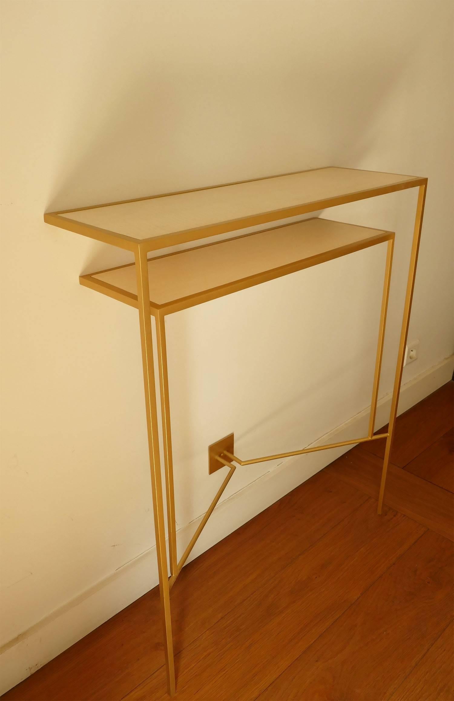 Metal Console in Gold, Bronze Patina with tow Sycamore Shelves by Aymeric Lefort