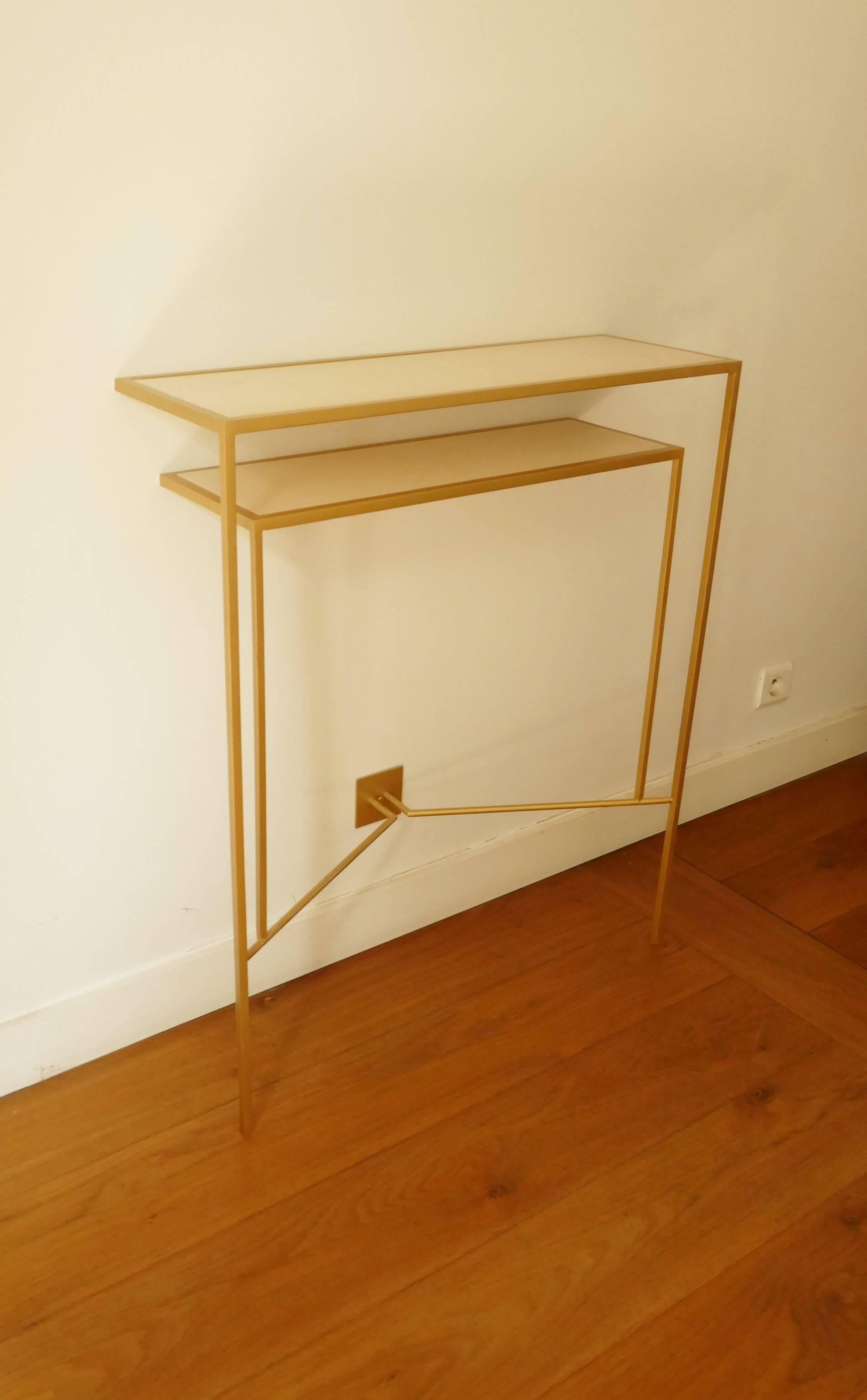 Console in Gold, Bronze Patina with tow Sycamore Shelves by Aymeric Lefort 1