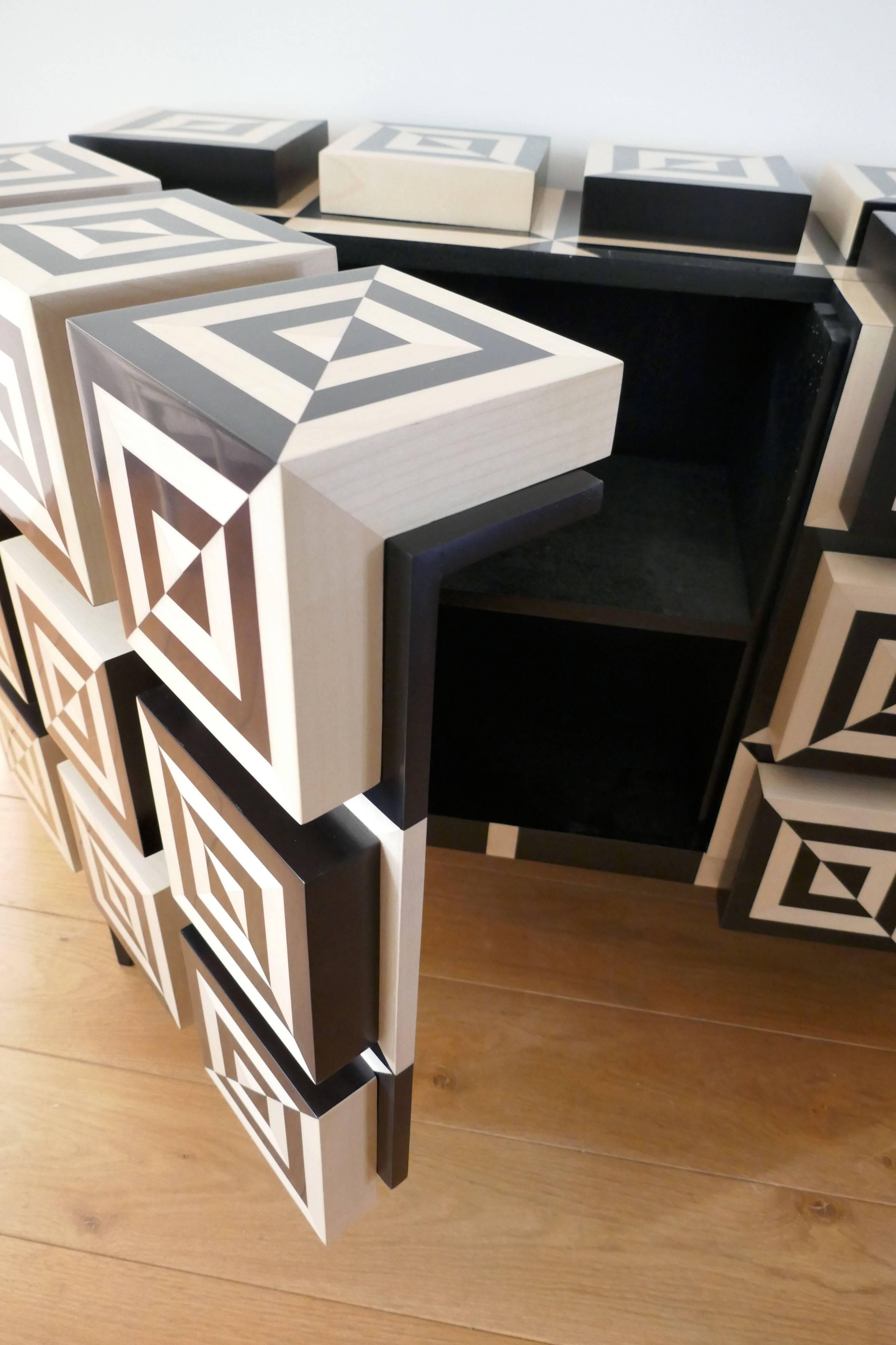 Marquetry Buffet “Ondulation 2” in Black and White  Sycomore Marquetery  by Aymeric Lefort For Sale